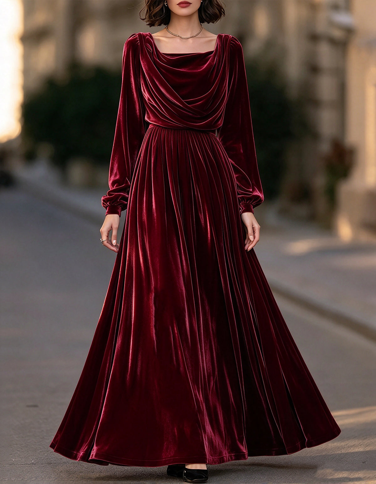 Vestido largo de terciopelo color champán con cuello cuadrado drapeado tipo cascada
