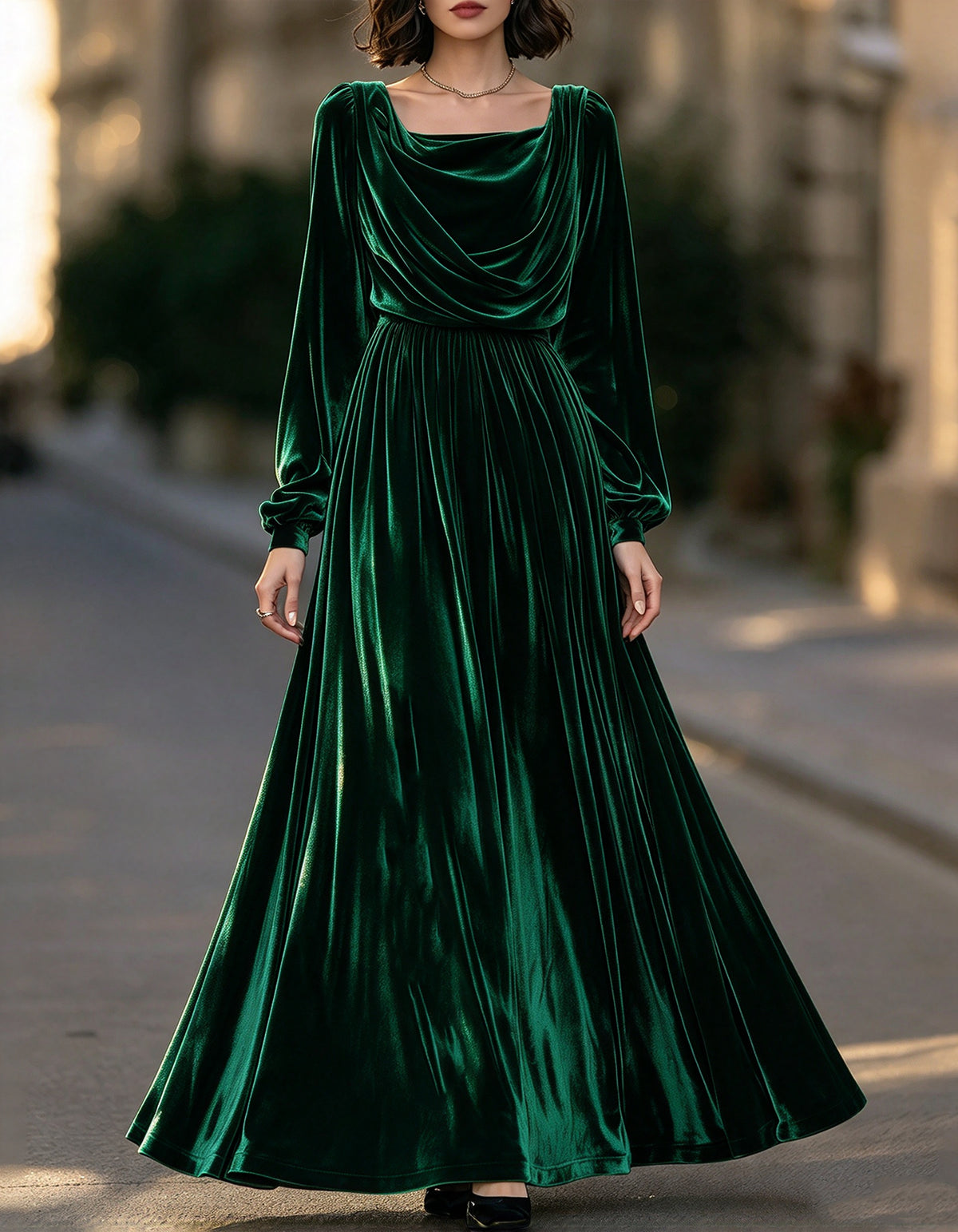 Vestido largo de terciopelo color champán con cuello cuadrado drapeado tipo cascada