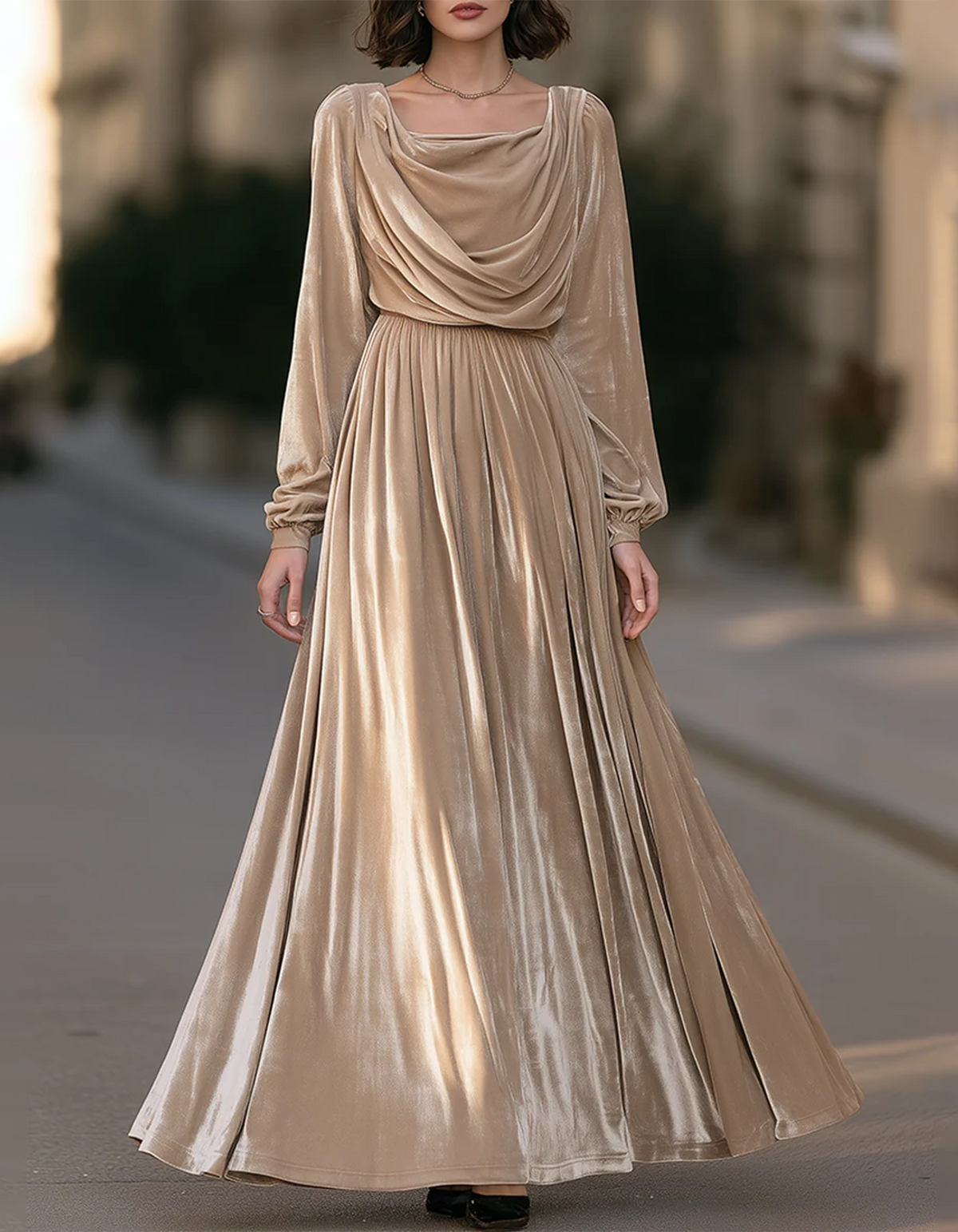 Vestido largo de terciopelo color champán con cuello cuadrado drapeado tipo cascada