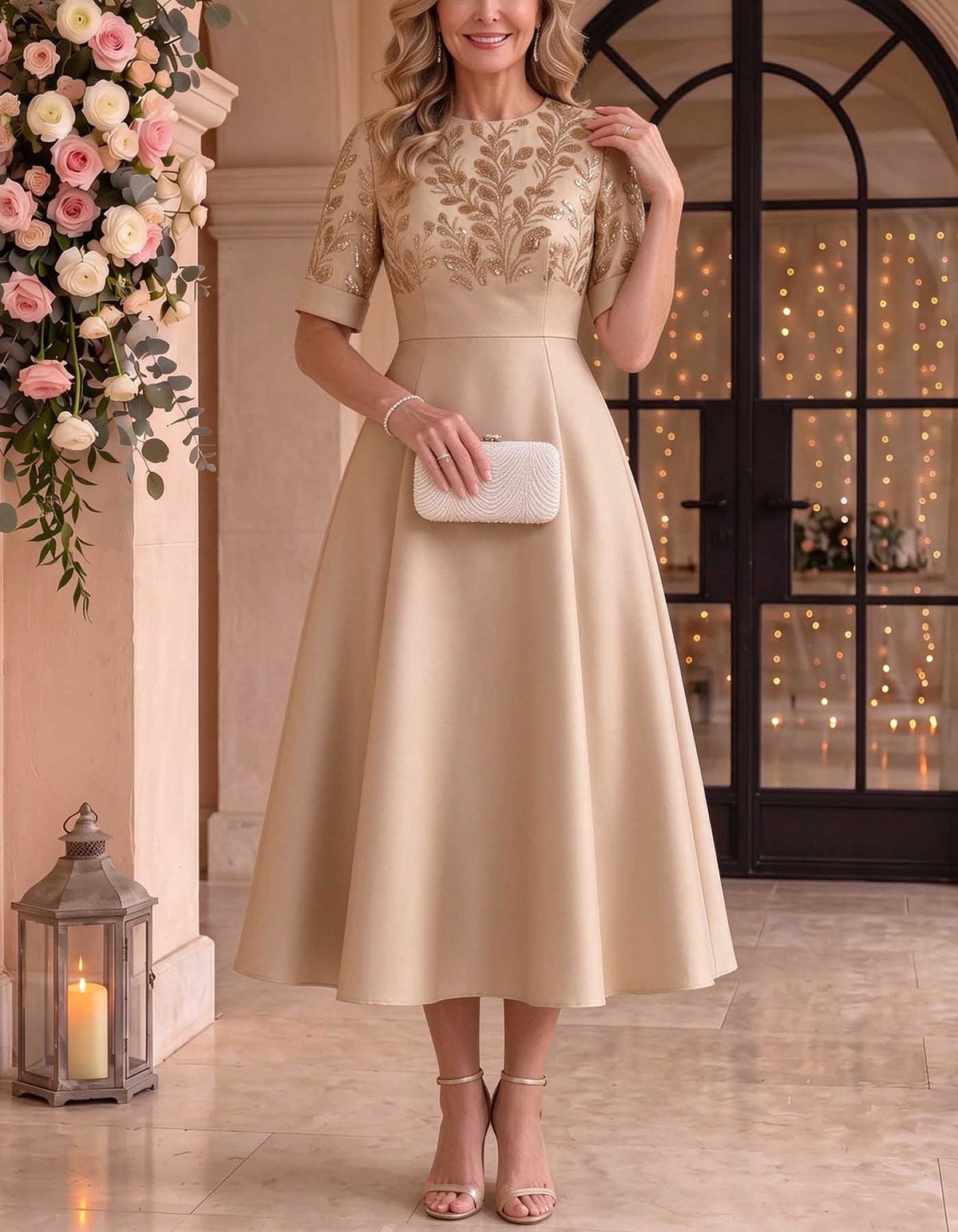 Champagnerfarbenes Satin-Midikleid mit Rundhalsausschnitt, kurzen Ärmeln und Blatt-Pailletten
