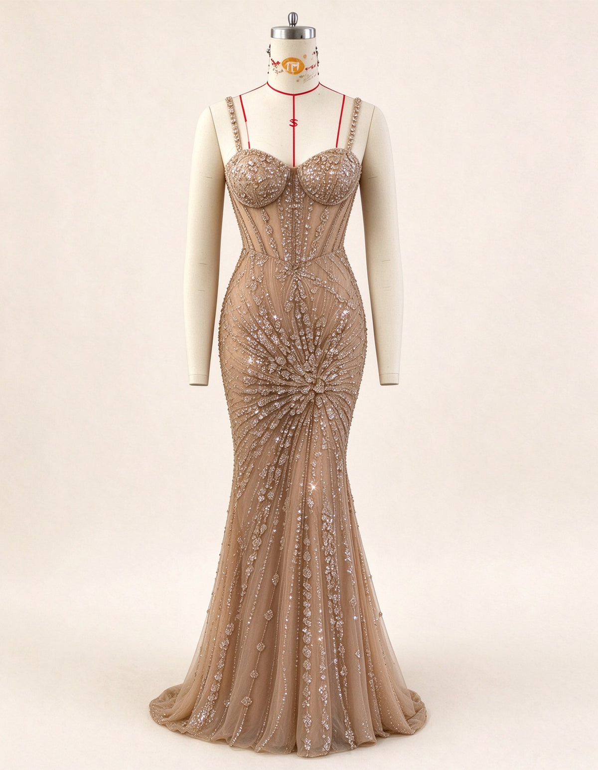 Champagne Beaded Mermaid Evening Gown