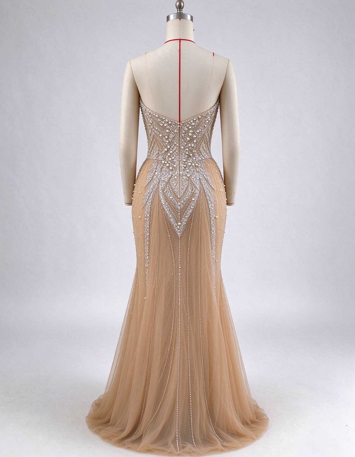 Champagne Strapless Pearl Rhinestone Beaded A-Line Evening Gown