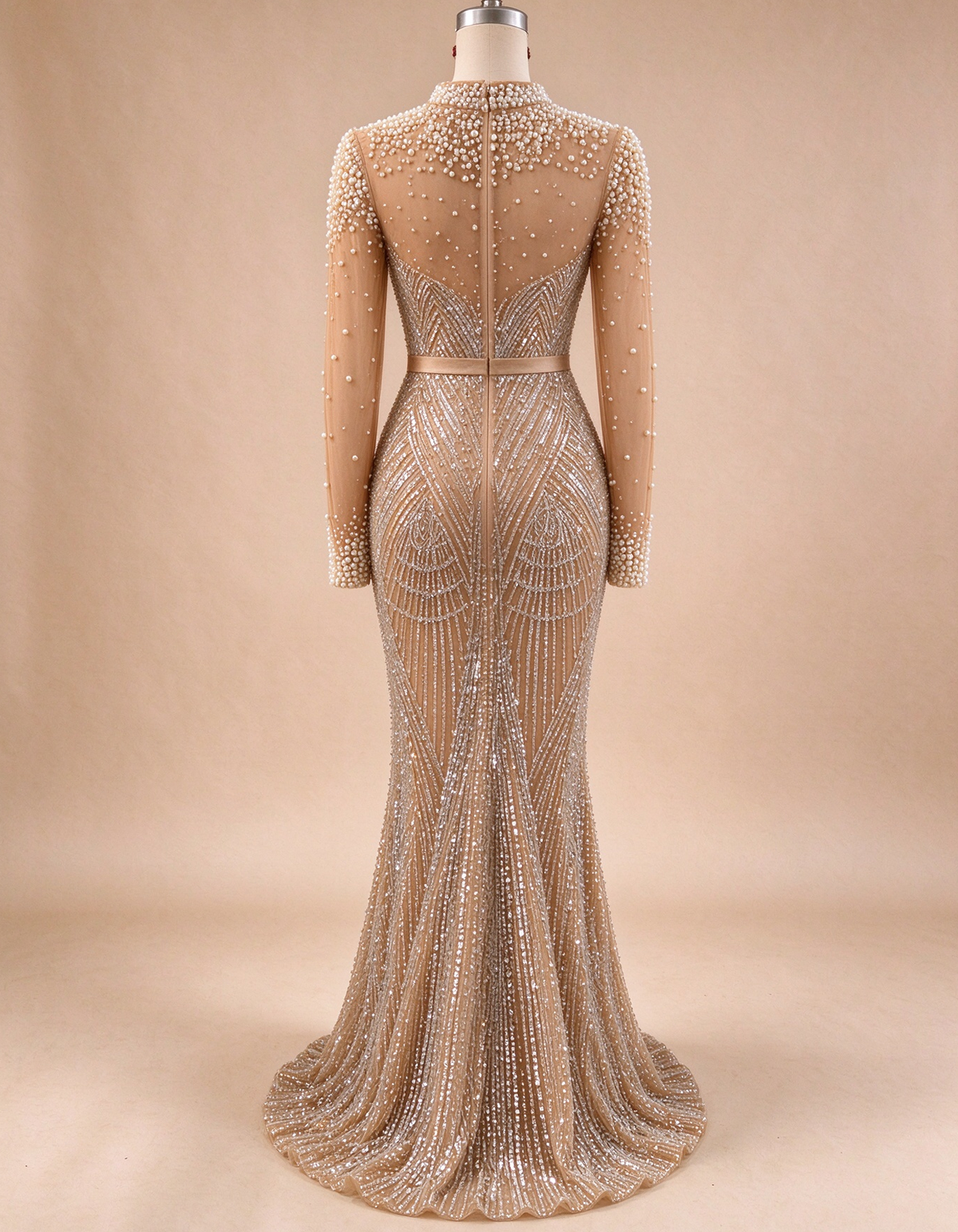 Champagne Nude High Neck Long Sheer Sleeve Mermaid Evening Gown