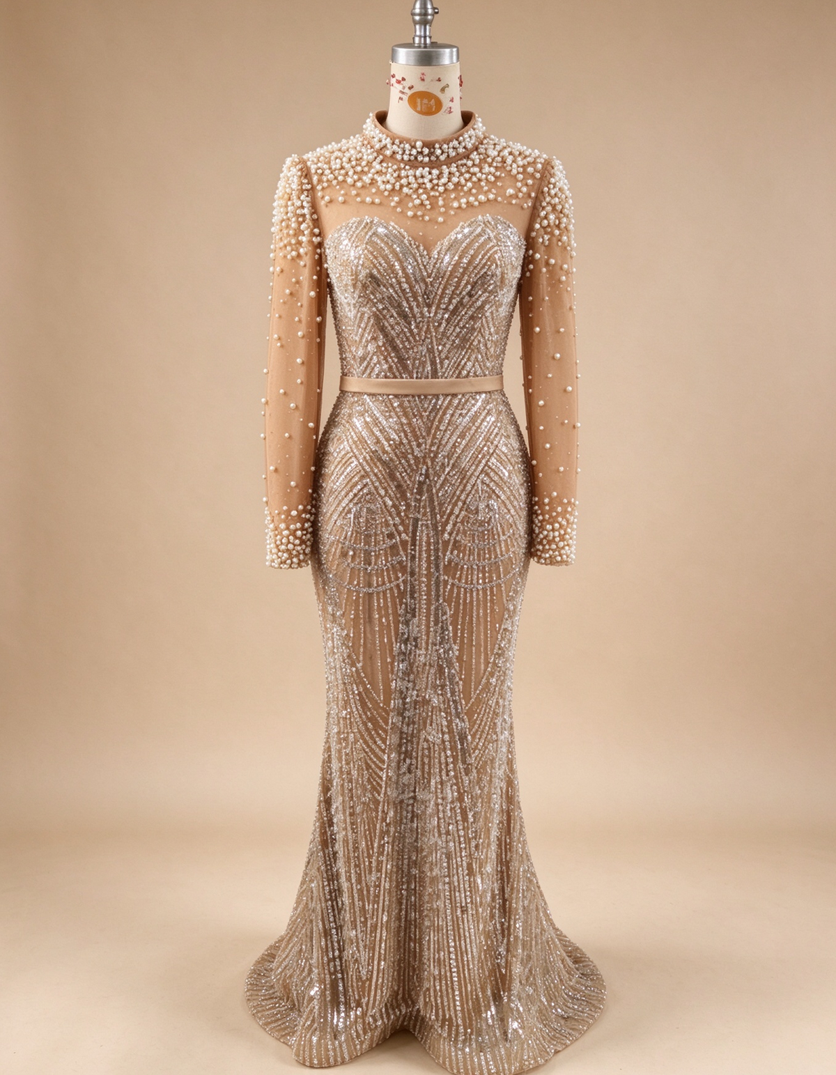 Champagne Nude High Neck Long Sheer Sleeve Mermaid Evening Gown