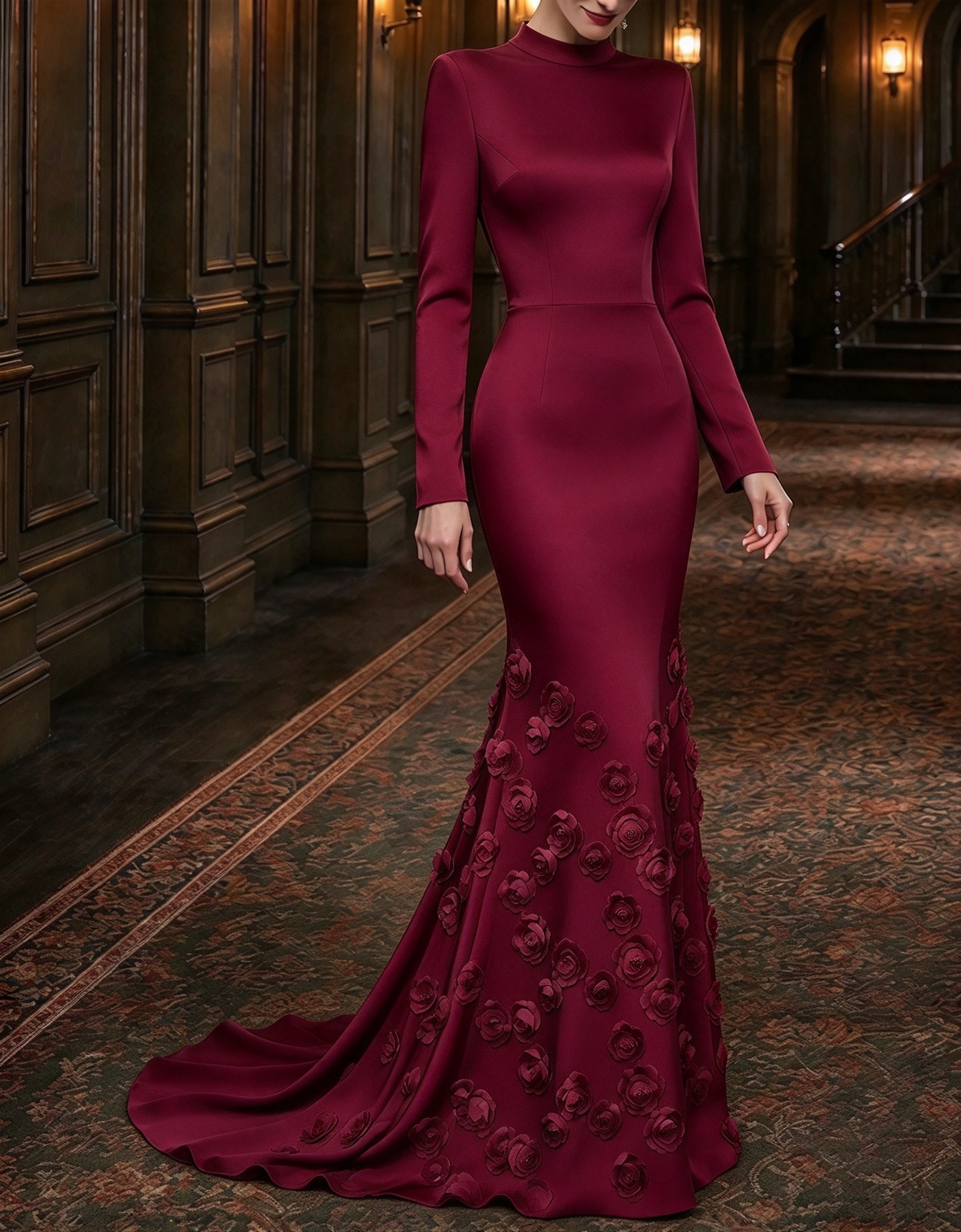 Vestido largo de noche de satén con cuello alto, mangas largas, flores 3D y corte sirena