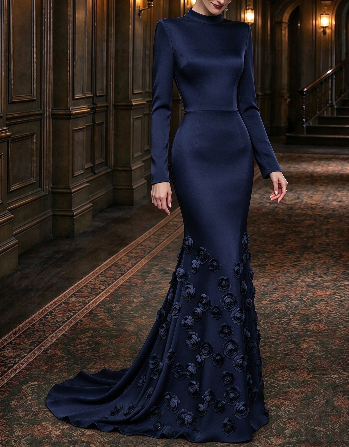 Vestido largo de noche de satén con cuello alto, mangas largas, flores 3D y corte sirena
