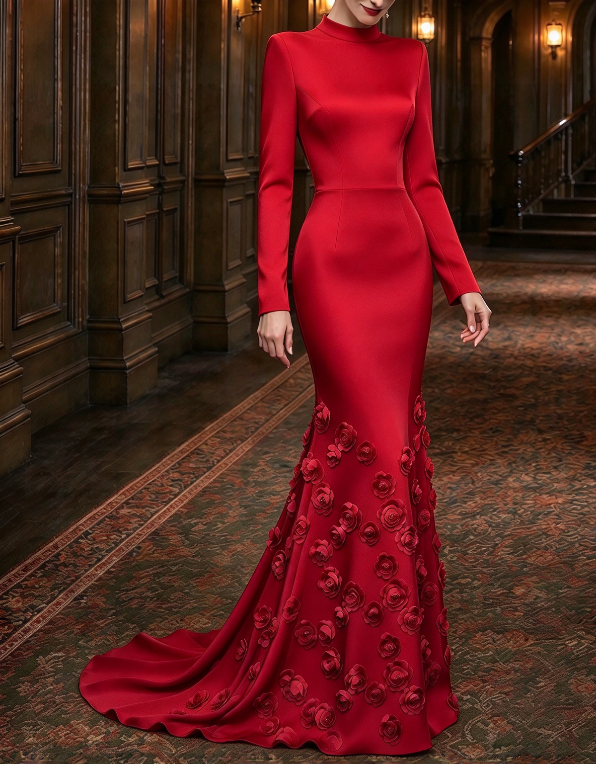 Vestido largo de noche de satén con cuello alto, mangas largas, flores 3D y corte sirena
