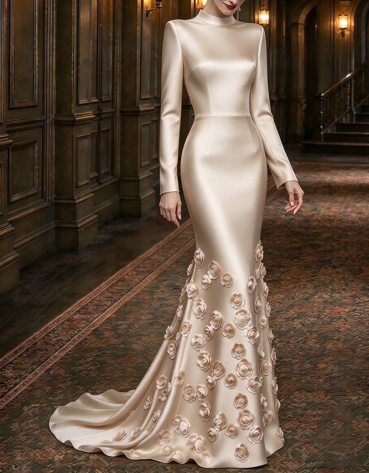Vestido largo de noche de satén con cuello alto, mangas largas, flores 3D y corte sirena