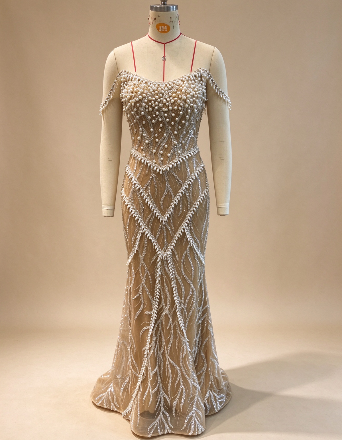 Champagne Nude Off The Shoulder Pearl Beaded Mermaid Evening Gown