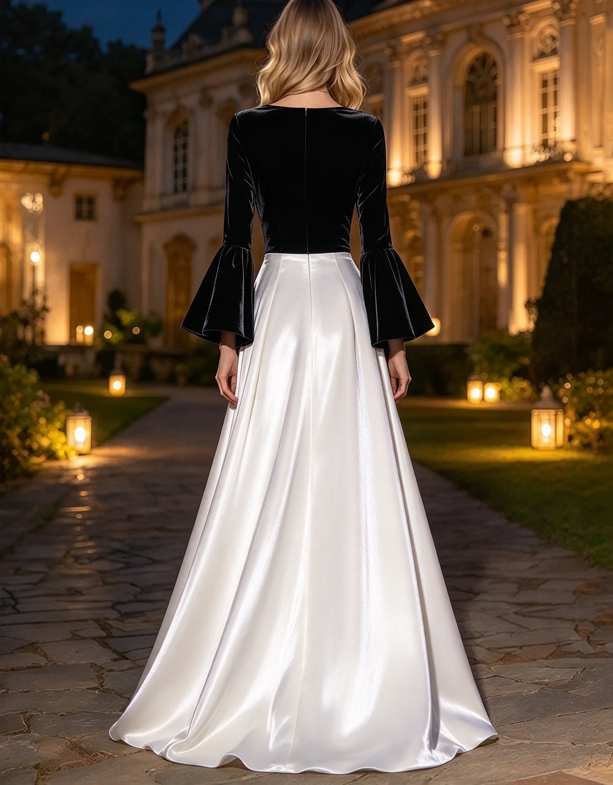 Abendliches Maxi-A-Linienkleid aus Samt und Satin mit Rundhalsausschnitt und Trompetenärmeln