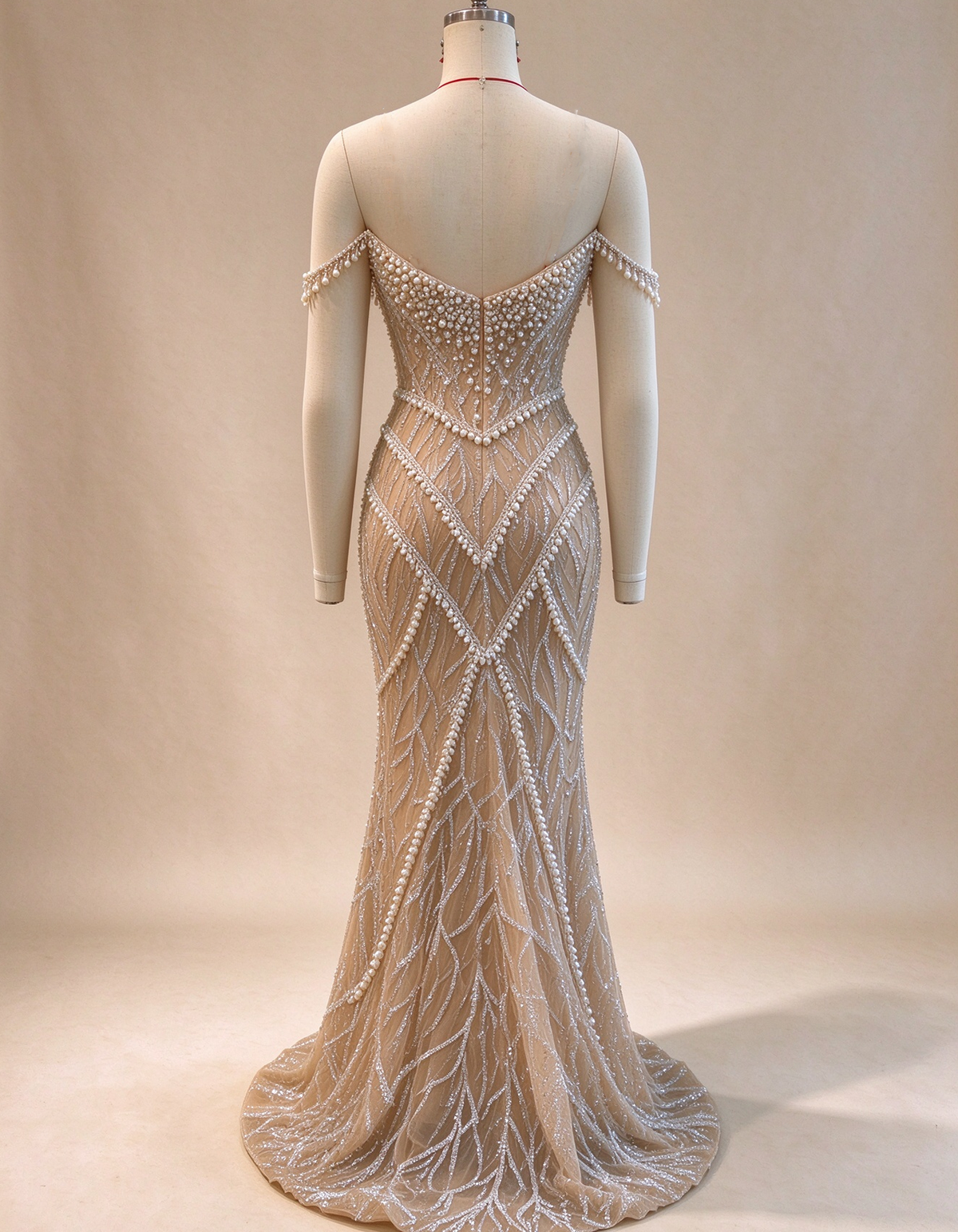 Champagne Nude Off The Shoulder Pearl Beaded Mermaid Evening Gown