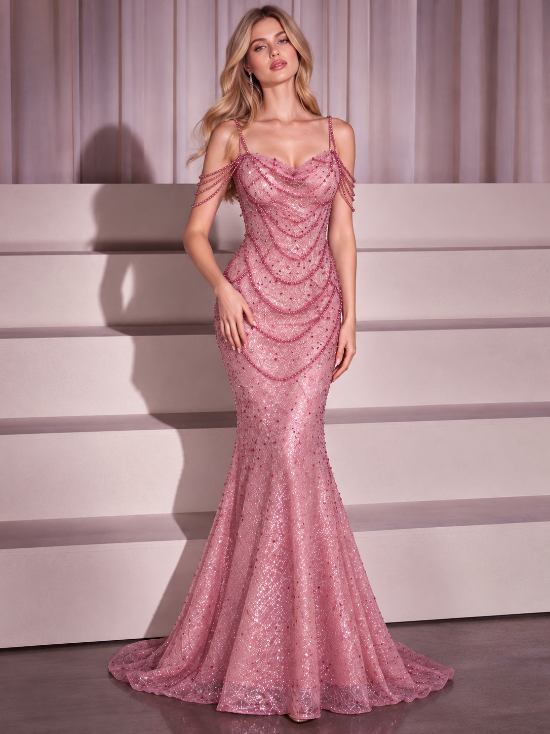 Pink Sequined Mermaid Evening Gown