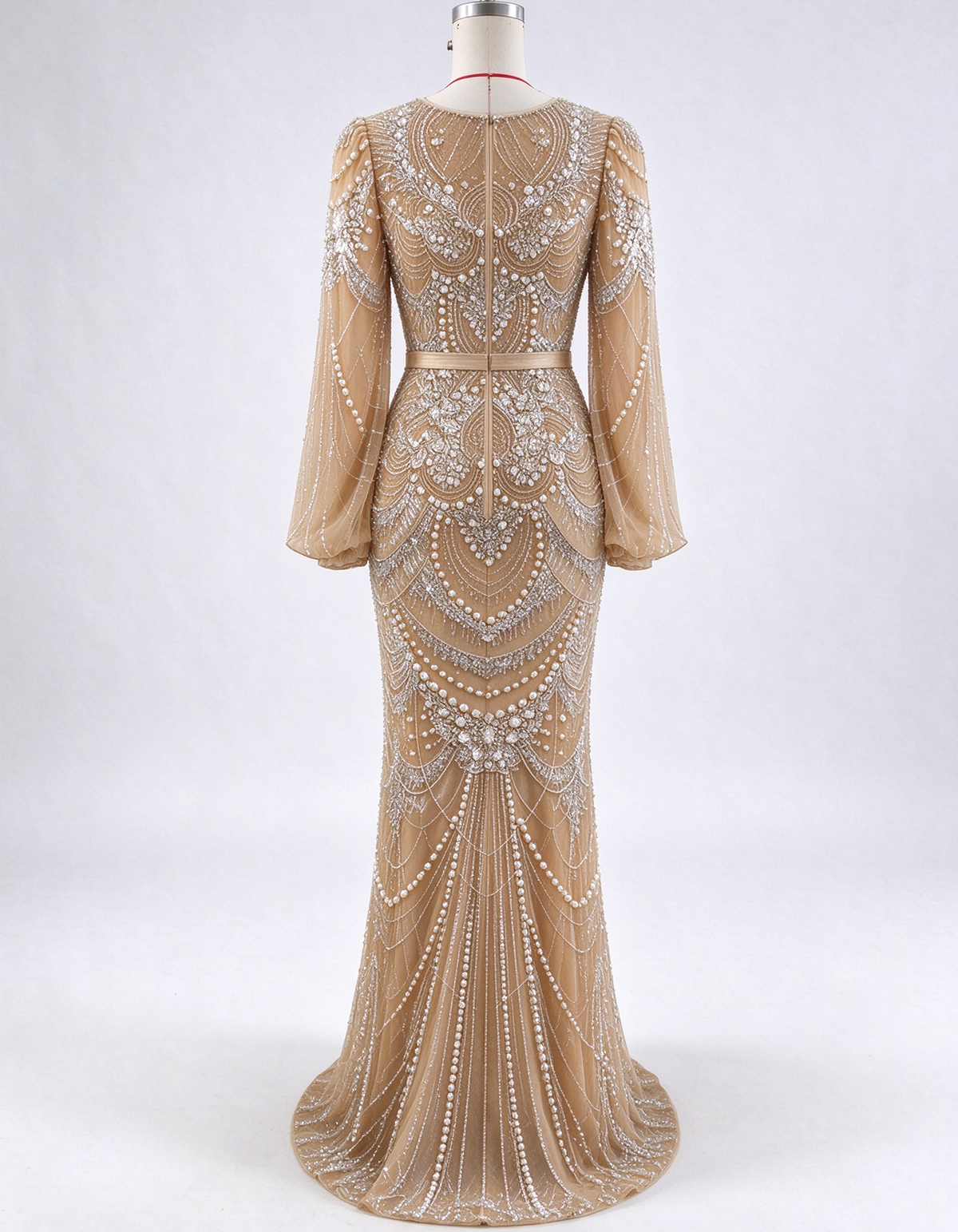 Champagne Nude Illusion Round Neck Long Puff Sleeve Mermaid Evening Gown