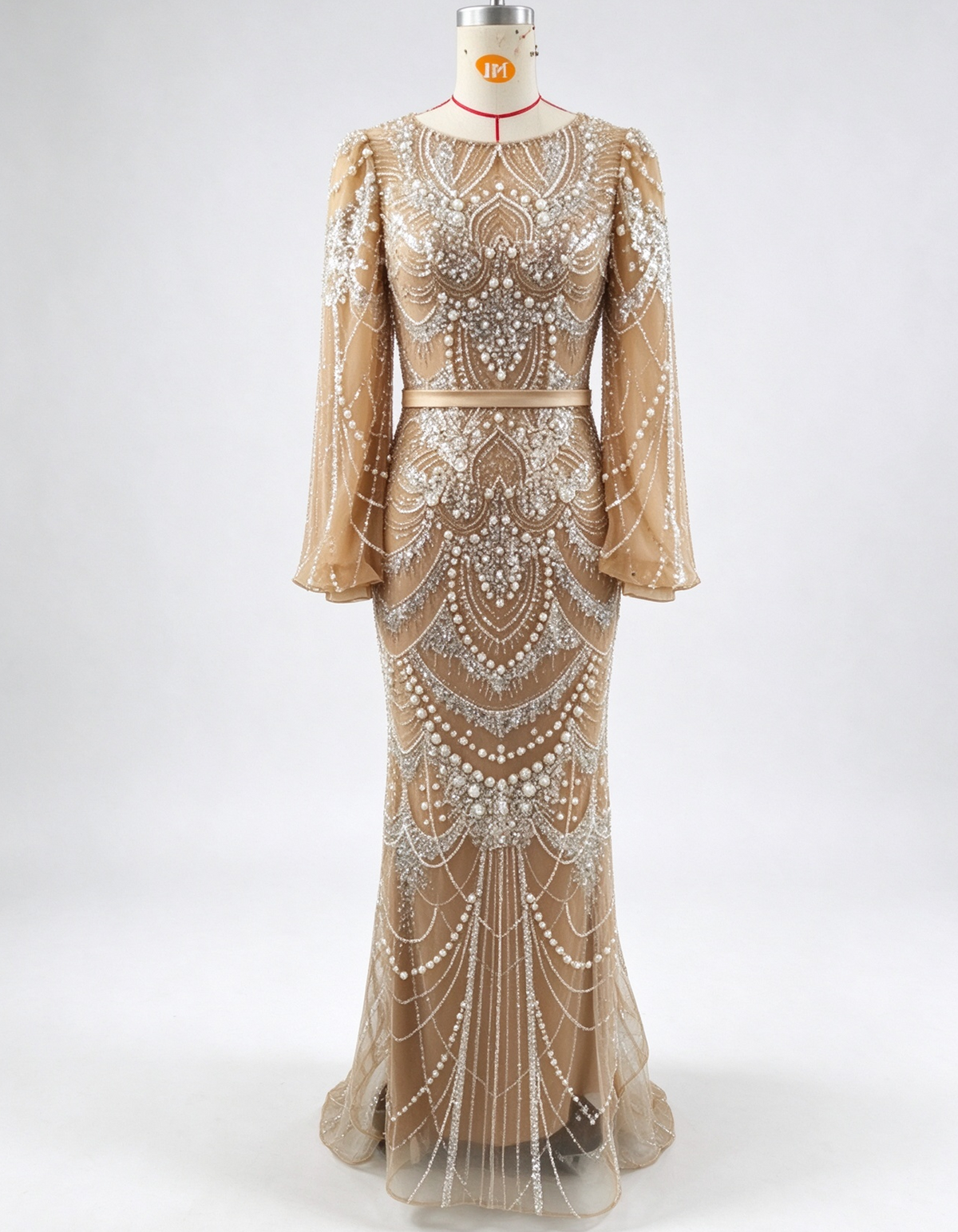Champagne Nude Illusion Round Neck Long Puff Sleeve Mermaid Evening Gown