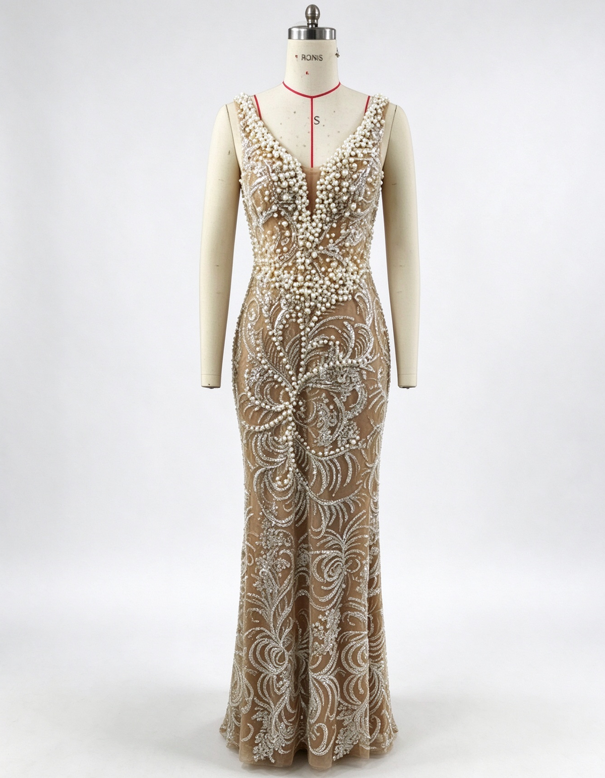 Champagne Nude Deep V Beaded Spaghetti Strap Mermaid Evening Gown