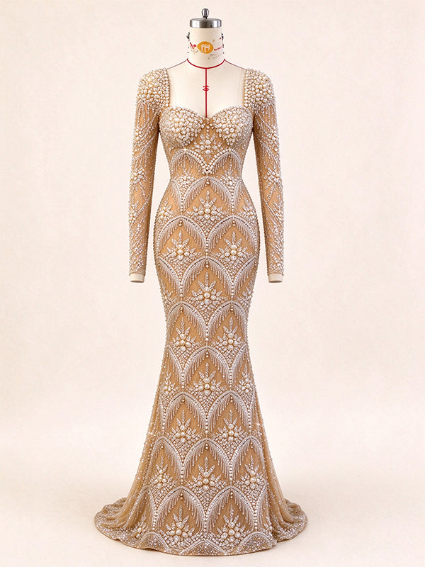 Nude Long Sleeved Mermaid Evening Gown