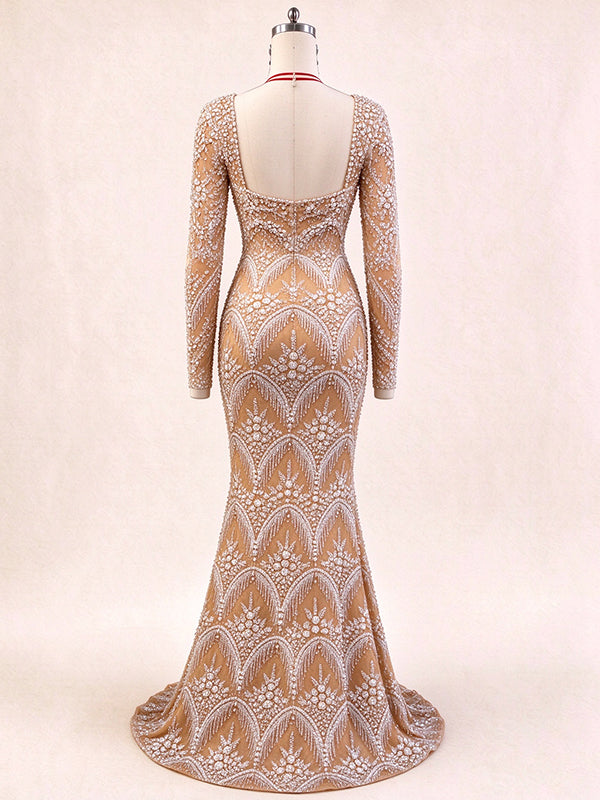 Nude Long Sleeved Mermaid Evening Gown