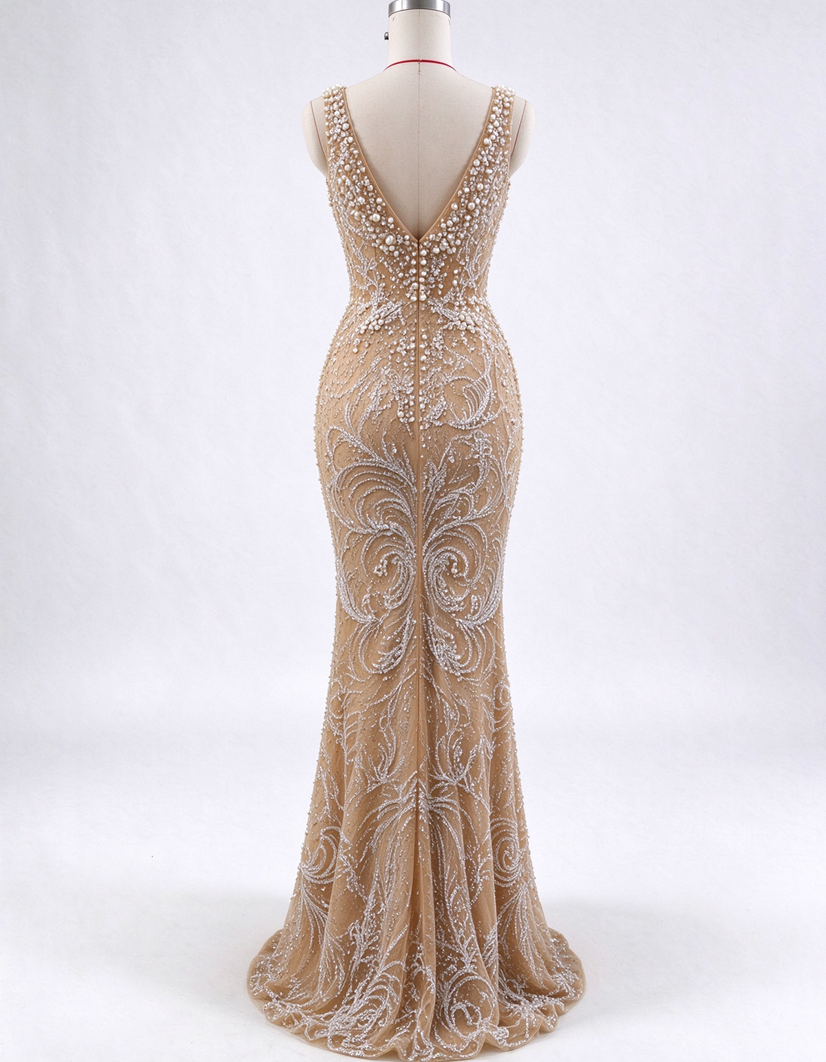 Champagne Nude Deep V Beaded Spaghetti Strap Mermaid Evening Gown