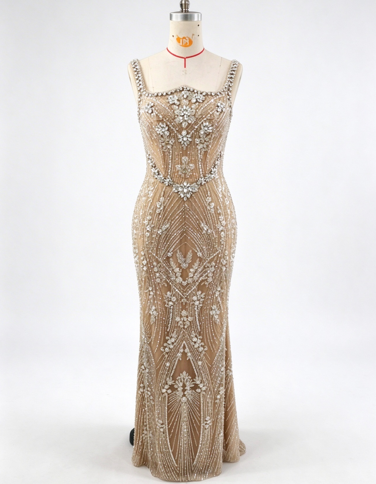 Champagne Nude Square Neck Beaded Strap Mermaid Evening Gown