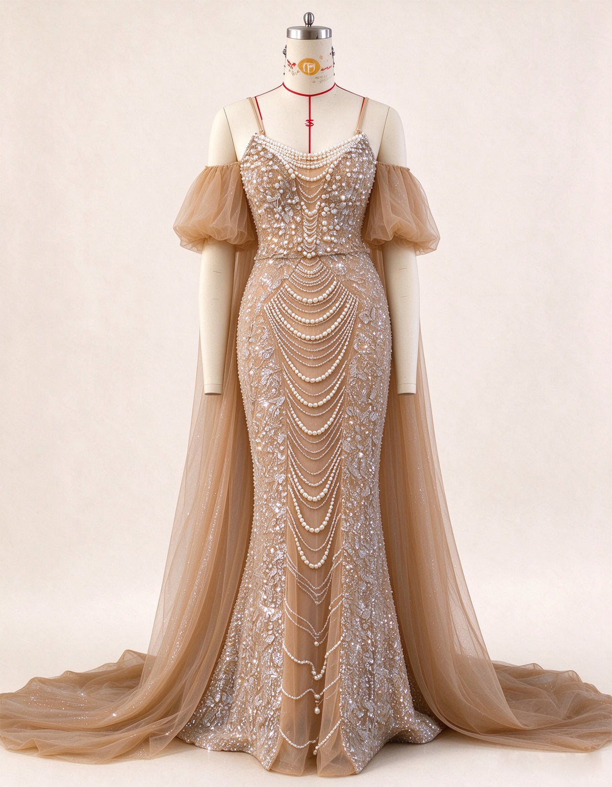 Champagne Colored Pearl Beaded Mermaid Evening Gown