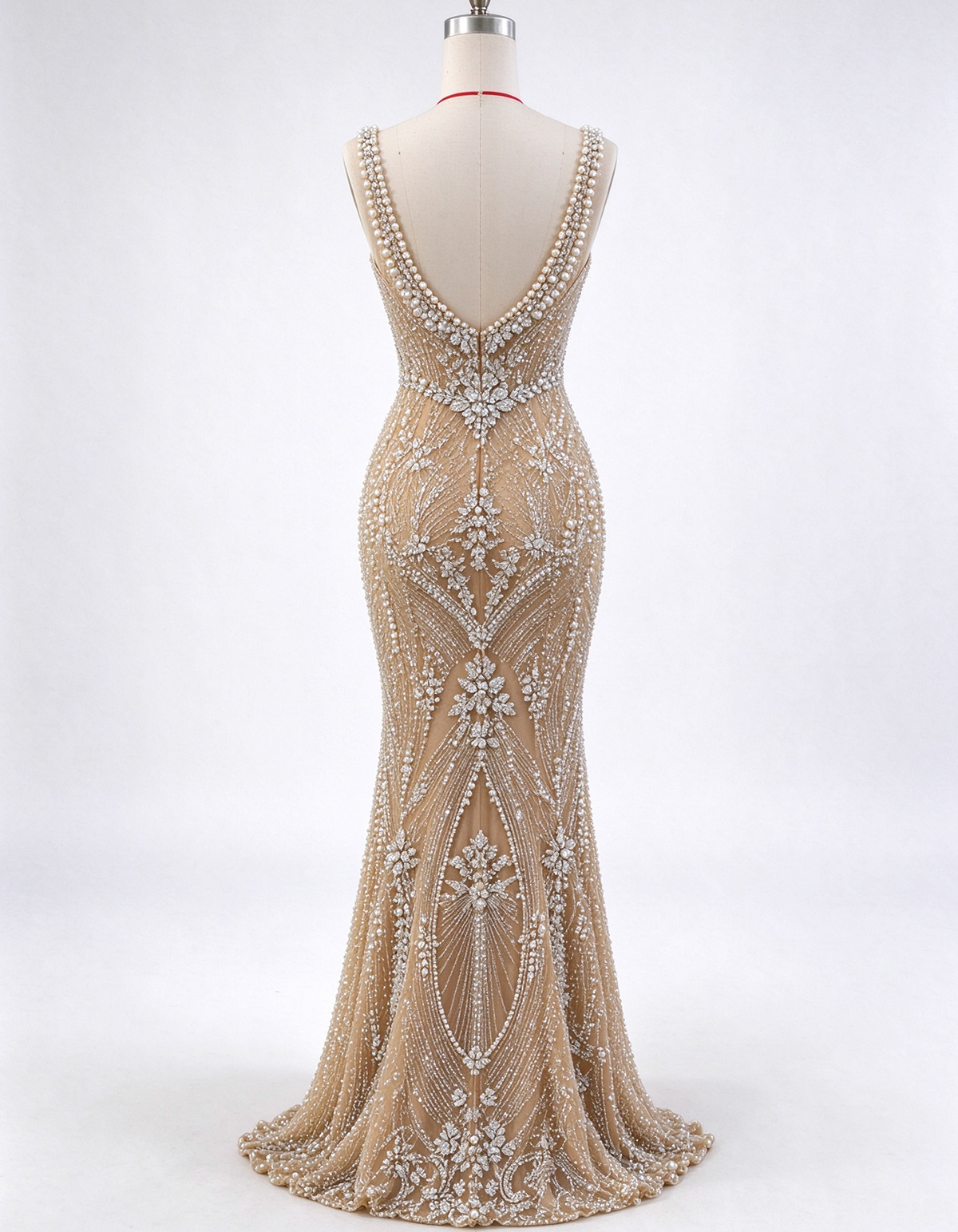 Champagne Nude Square Neck Beaded Strap Mermaid Evening Gown
