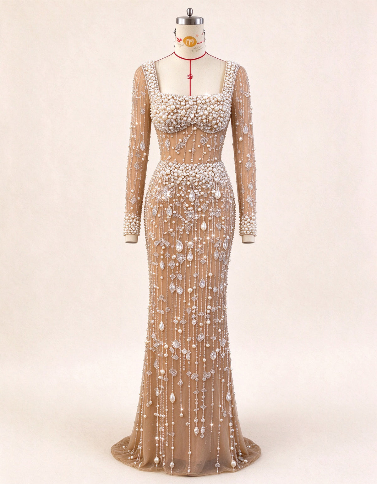 Champagne Colored Beaded Mermaid Evening Gown
