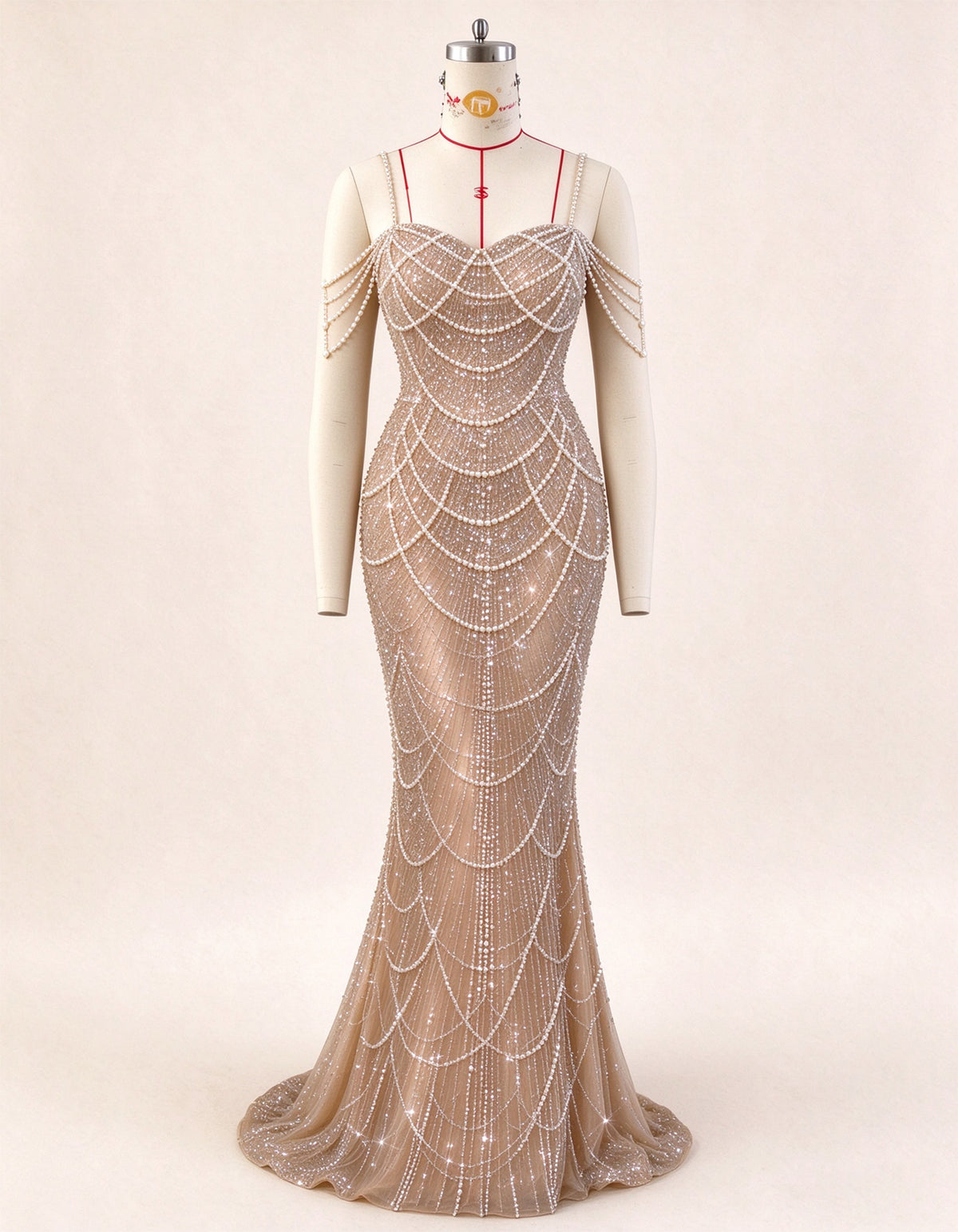 Champagne Colored Beaded Spaghetti Strap Mermaid Evening Gown