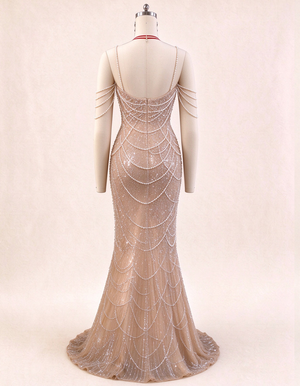 Champagne Colored Beaded Spaghetti Strap Mermaid Evening Gown