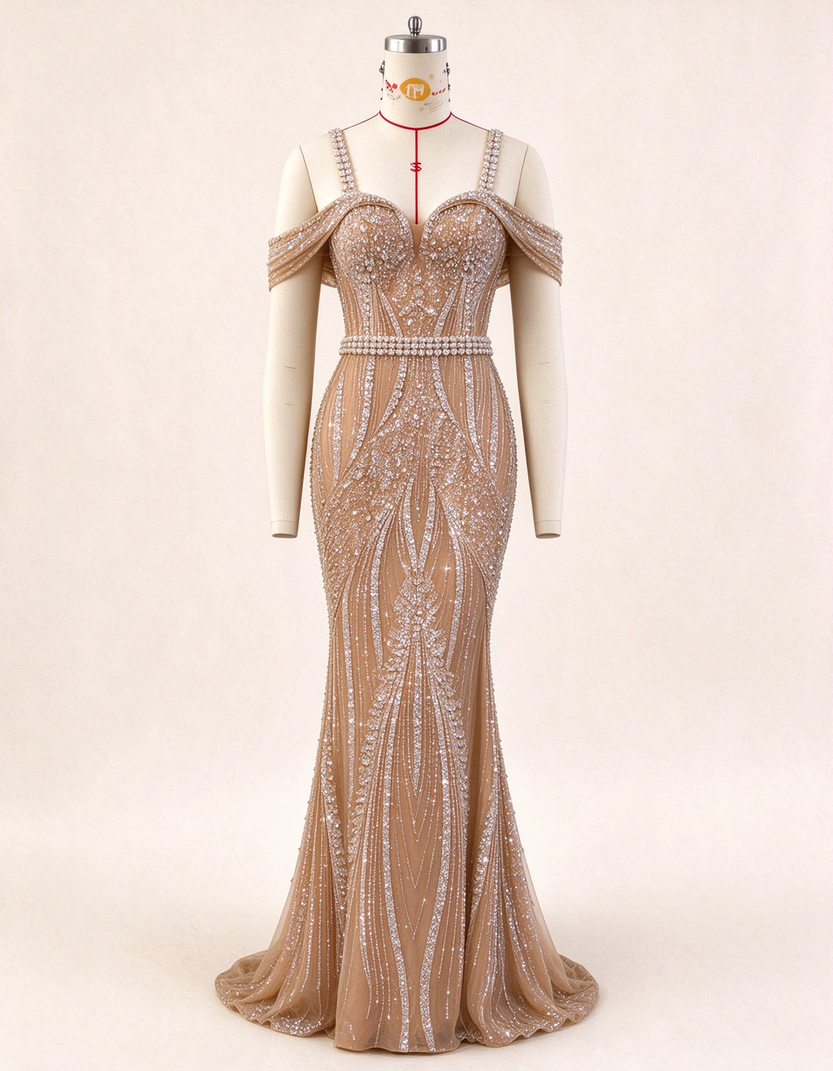 Champagne Off The Shoulder Beaded Mermaid Evening Gown