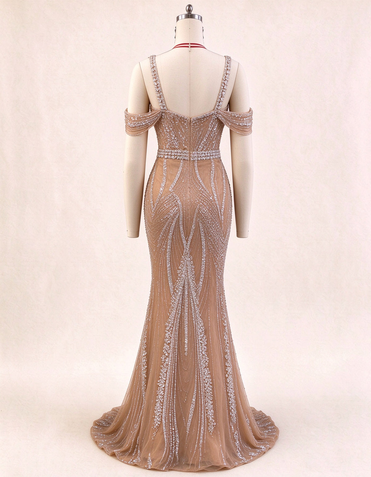 Champagne Off The Shoulder Beaded Mermaid Evening Gown