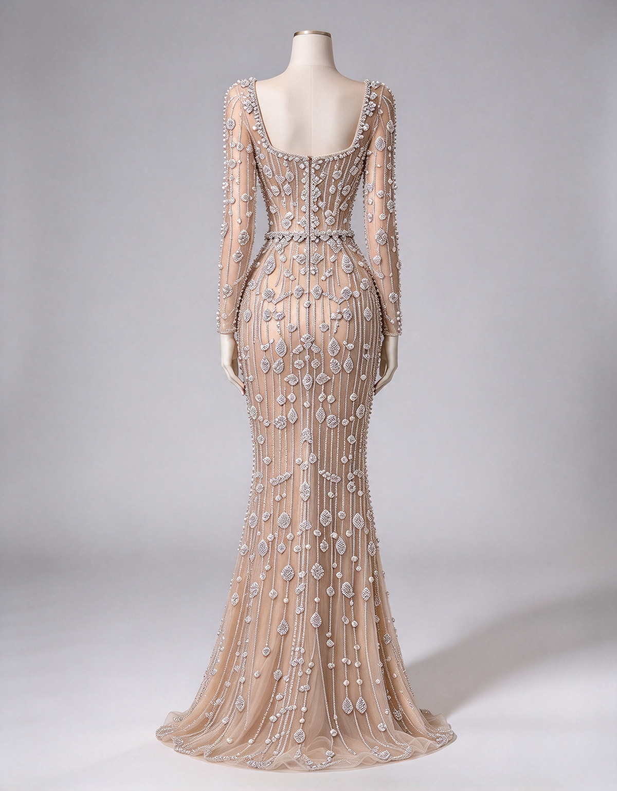 Heavy Beaded Square Neck Long Sleeve Mermaid Evening Maxi Dress