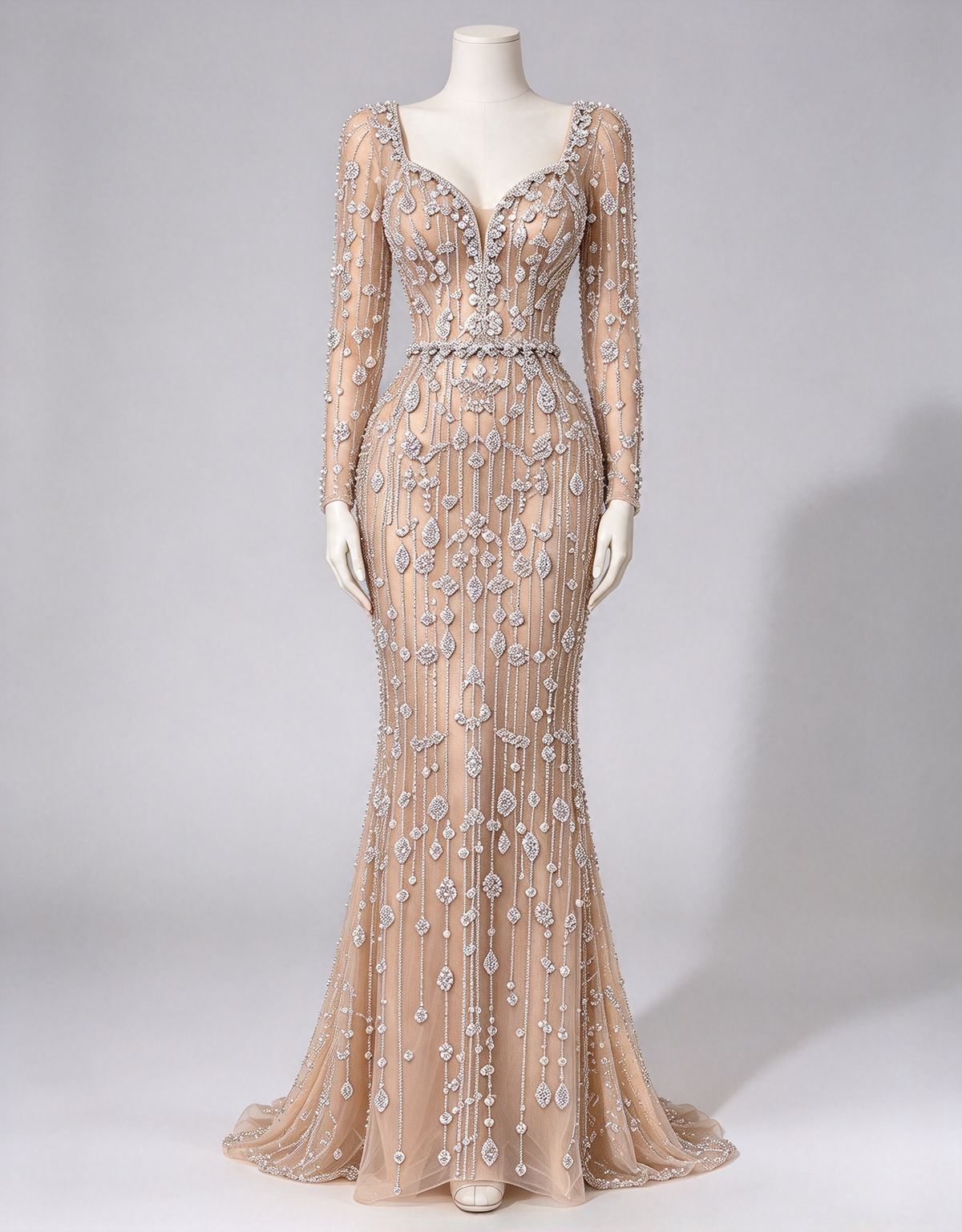 Heavy Beaded Square Neck Long Sleeve Mermaid Evening Maxi Dress