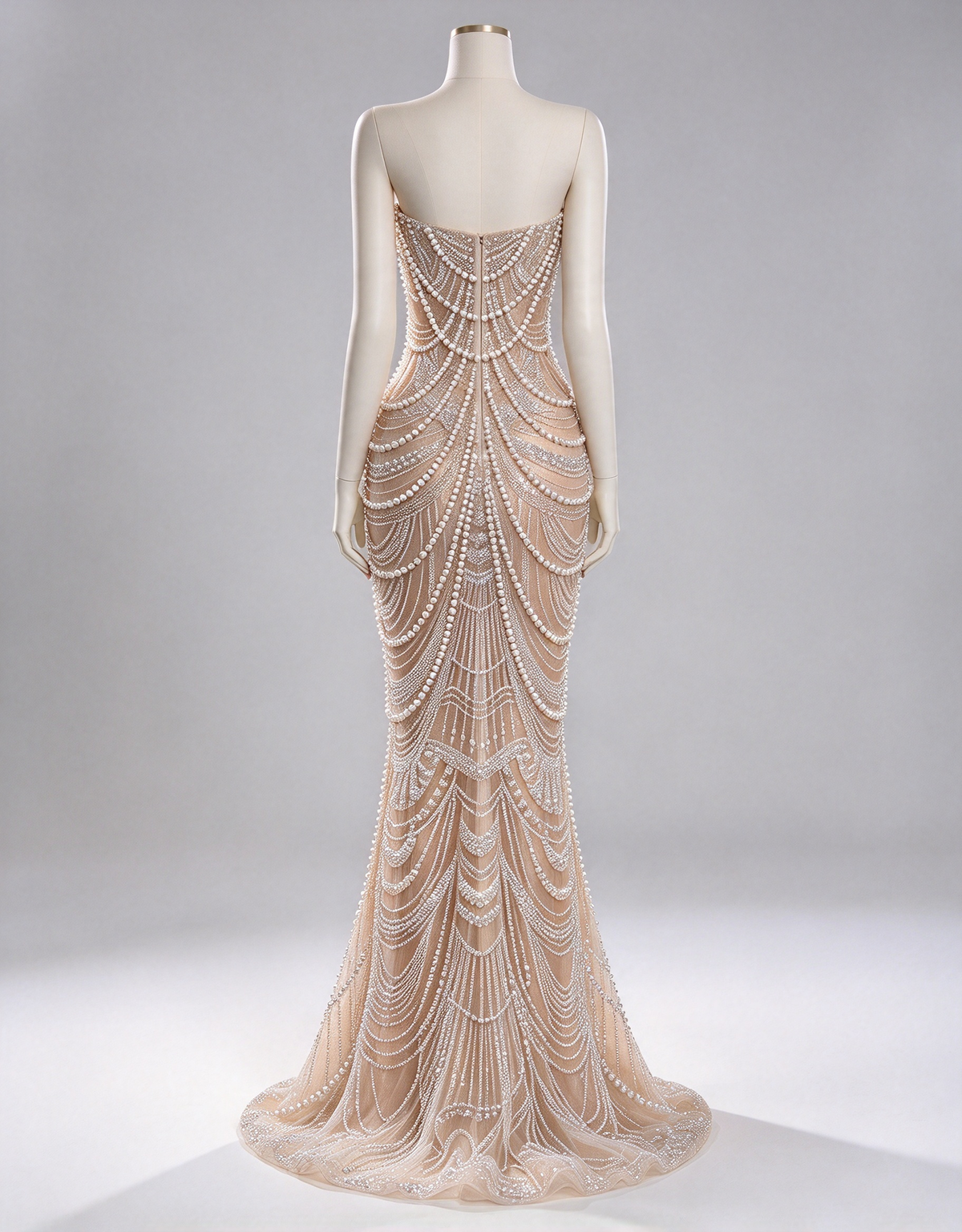 Champagne Heavy Beaded Strapless Pearl Chain Mermaid Evening Maxi Dress