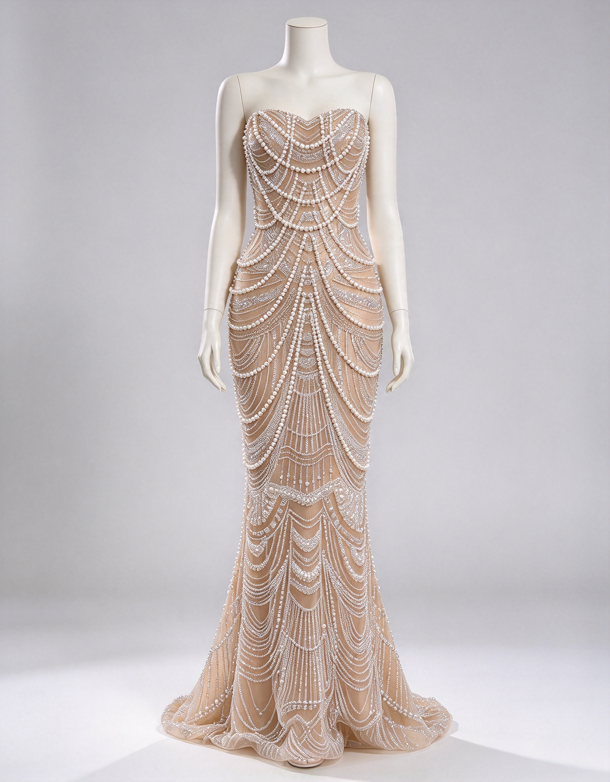 Champagne Heavy Beaded Strapless Pearl Chain Mermaid Evening Maxi Dress