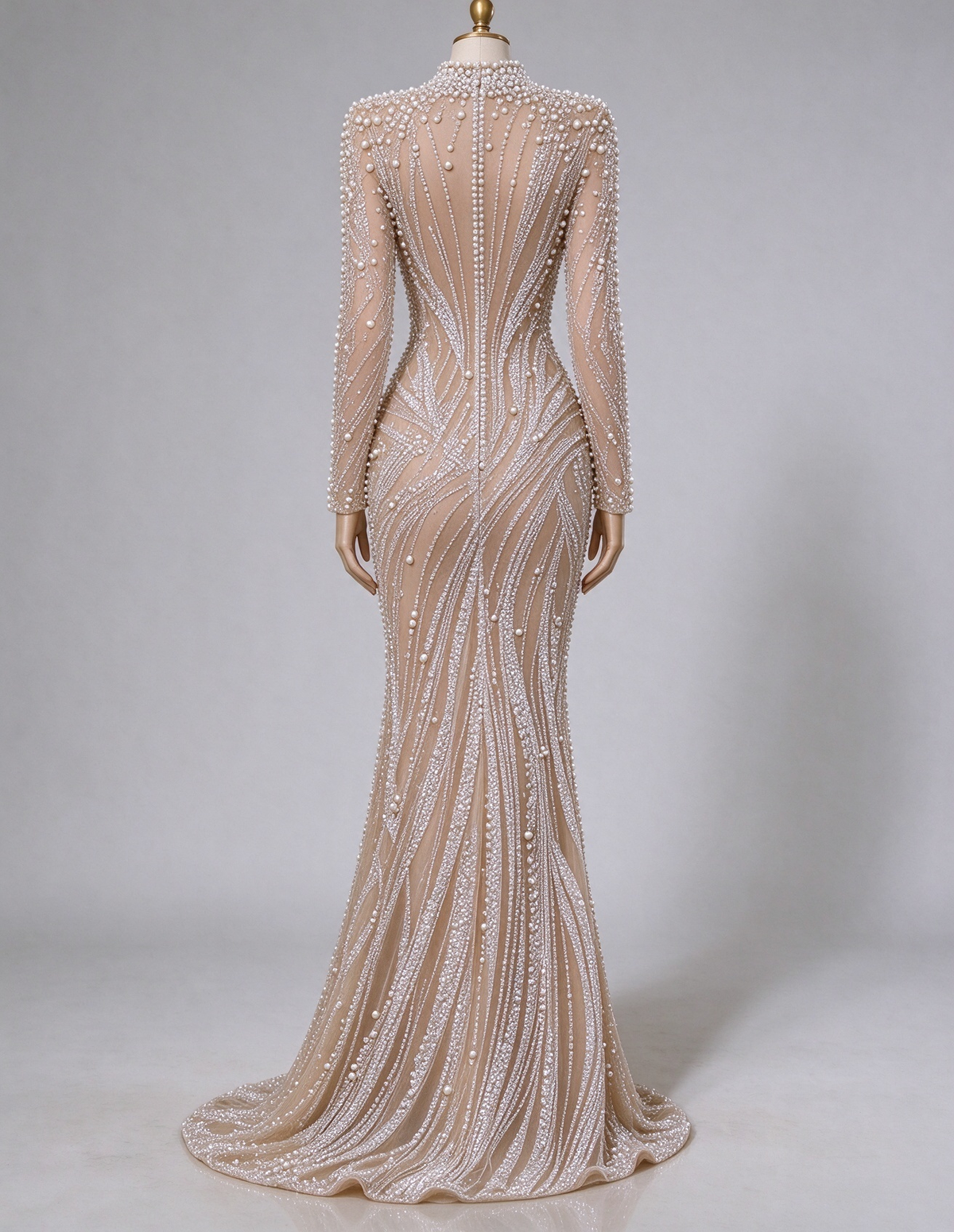 Champagne Heavy Beaded High Neck Long Sleeve Mermaid Evening Maxi Dress