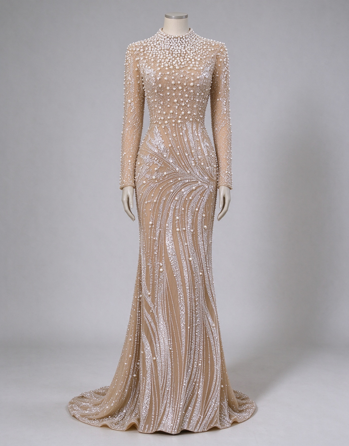 Champagne Heavy Beaded High Neck Long Sleeve Mermaid Evening Maxi Dress