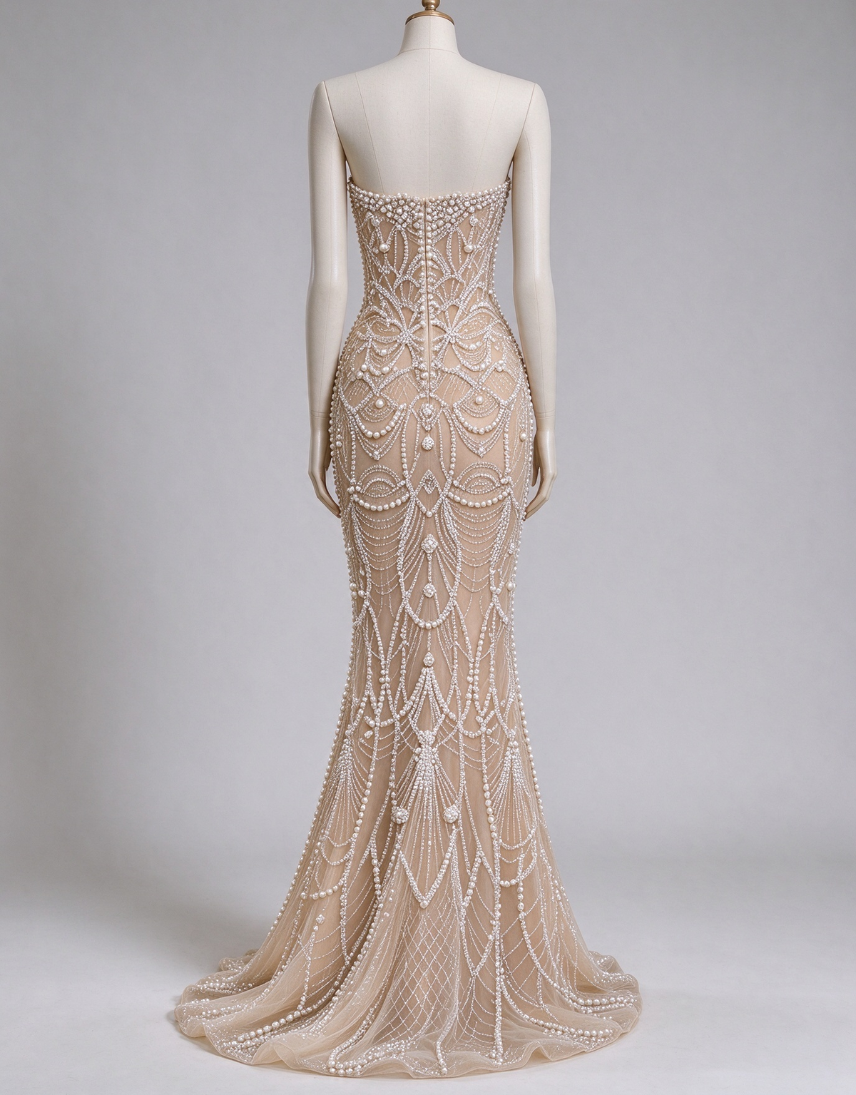 Champagne Heavy Beaded Strapless Diamond Pearl Chain Mermaid Maxi Dress
