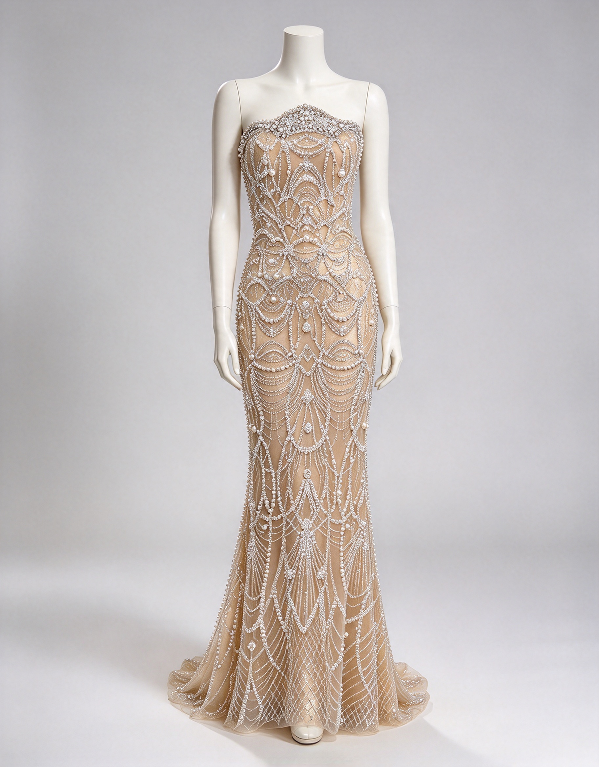 Champagne Heavy Beaded Strapless Diamond Pearl Chain Mermaid Maxi Dress
