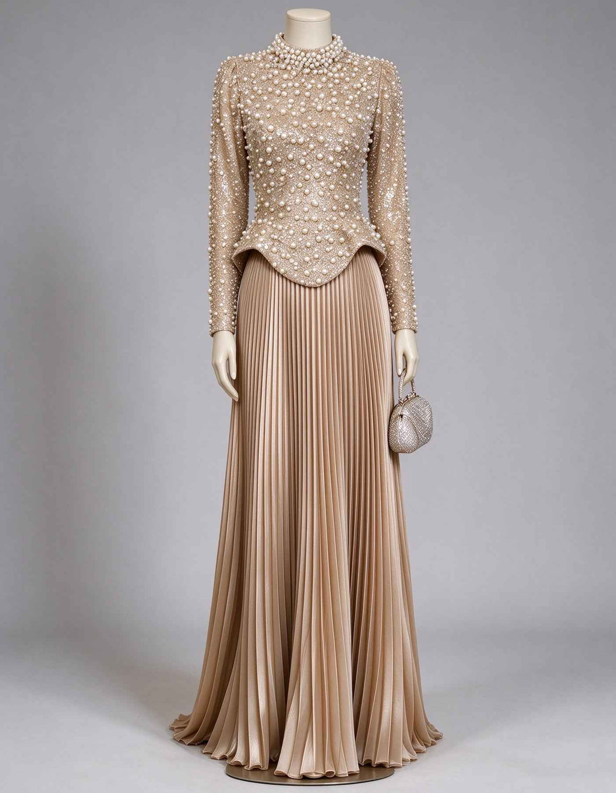 Champagne High Neck Pearl Beaded Pleated Maxi Dress