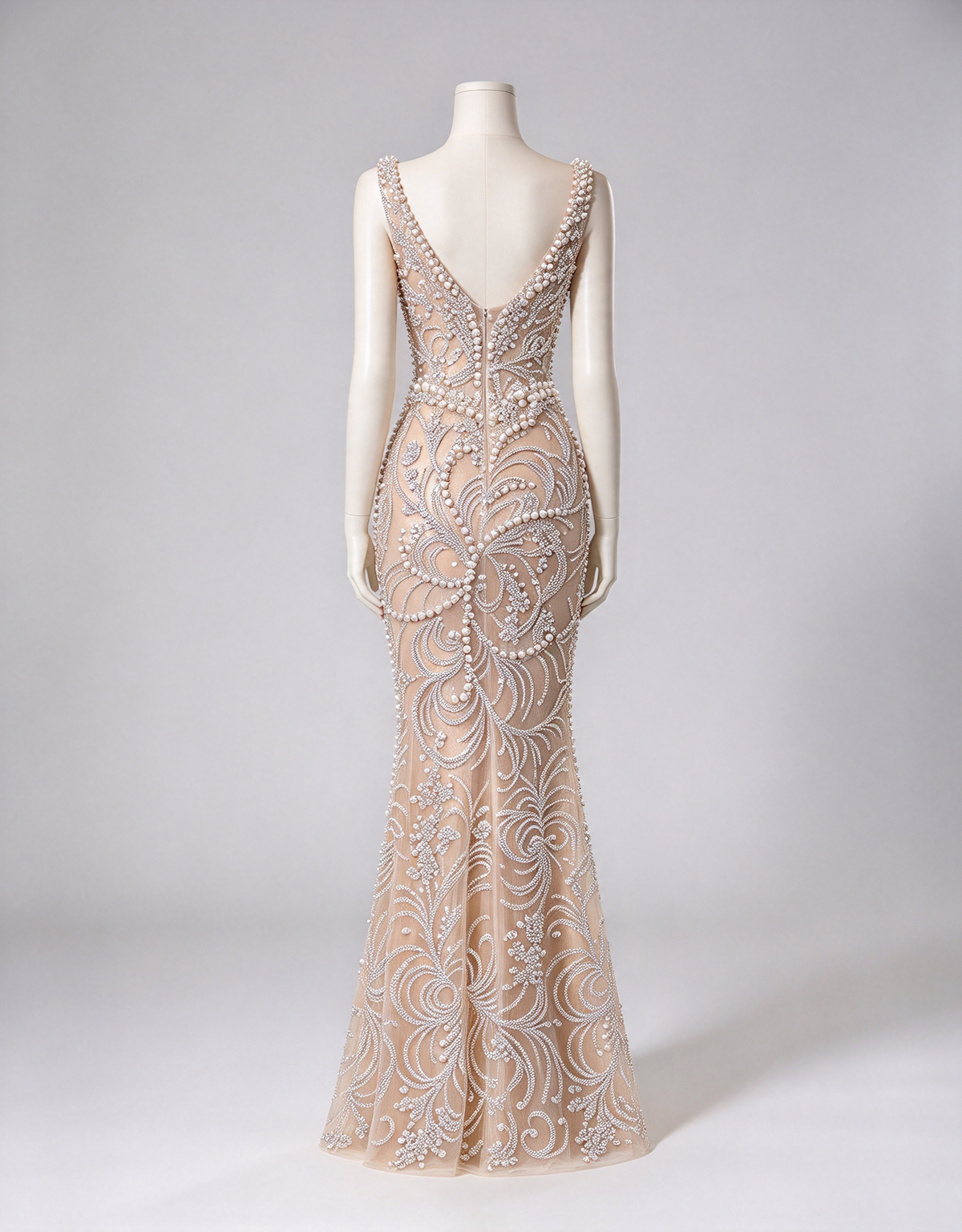 Champagne Heavy Beaded Spaghetti Strap Pearl Embellished Mermaid Maxi Dress