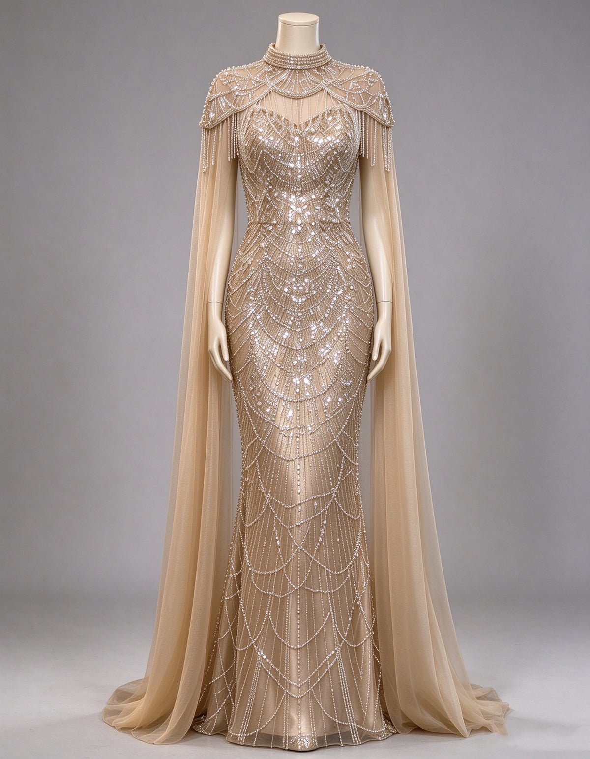 Champagne High Neck Beaded Cape Tulle Maxi Dress