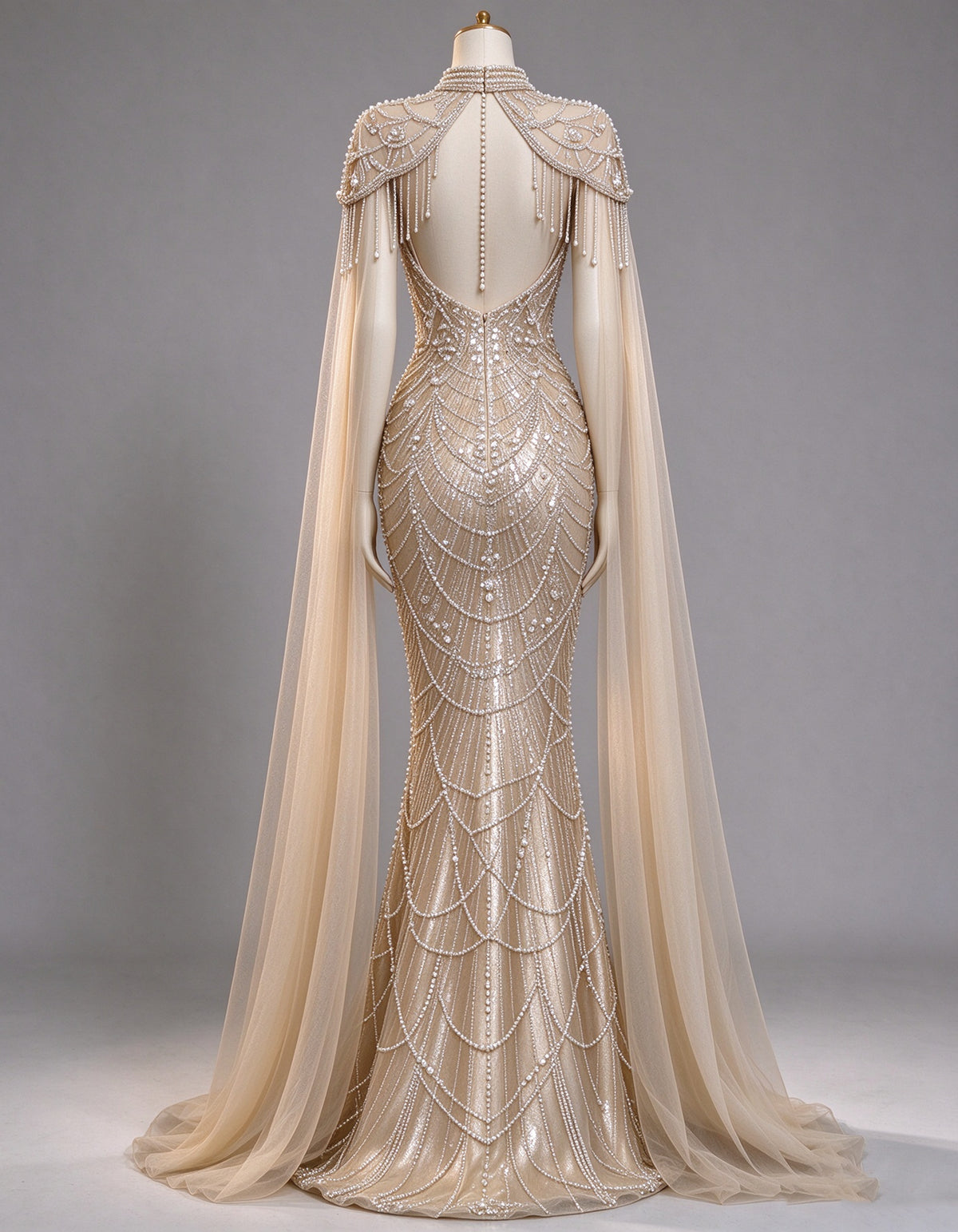 Champagne High Neck Beaded Cape Tulle Maxi Dress