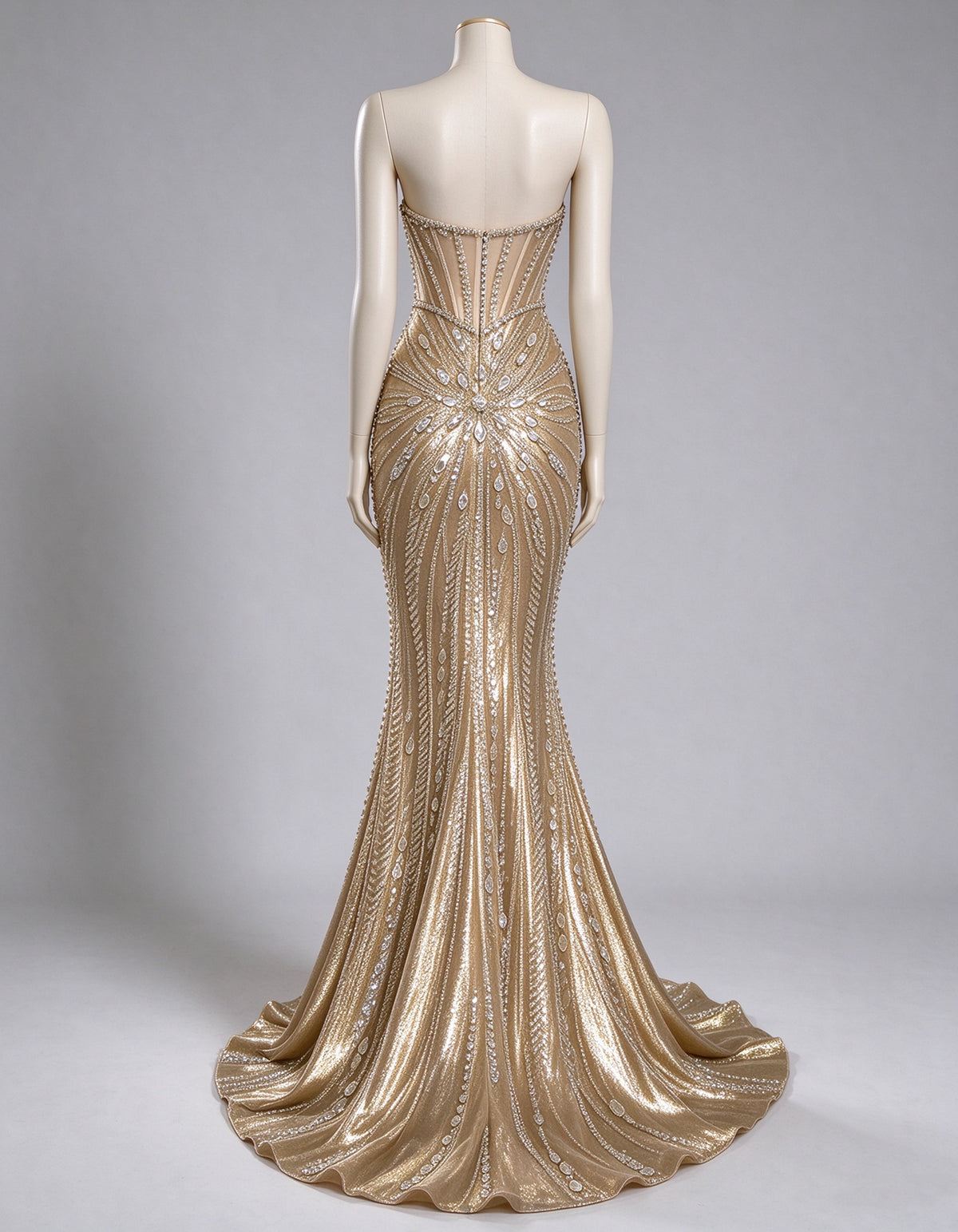 Champagne Strapless Sheer Corset Crystal Beaded Maxi Dress