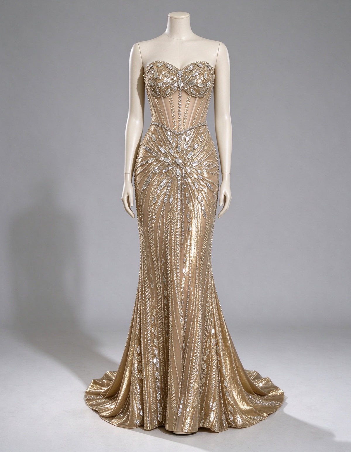 Champagne Strapless Sheer Corset Crystal Beaded Maxi Dress