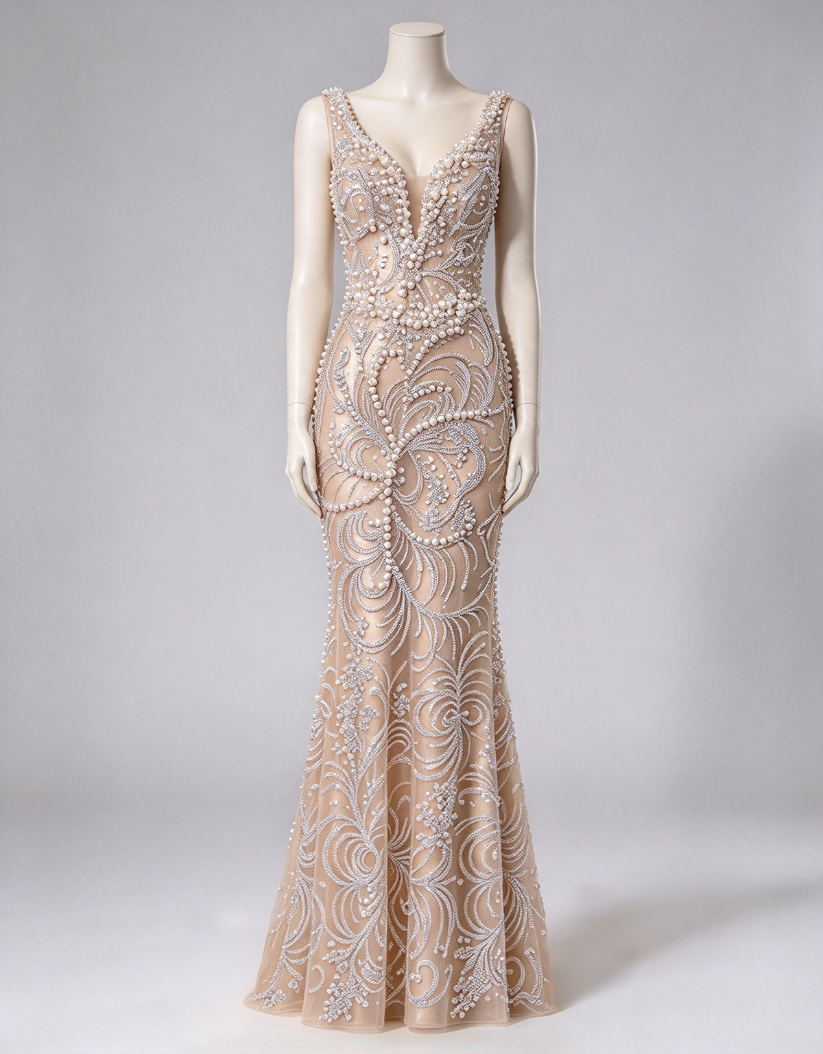 Champagne Heavy Beaded Spaghetti Strap Pearl Embellished Mermaid Maxi Dress