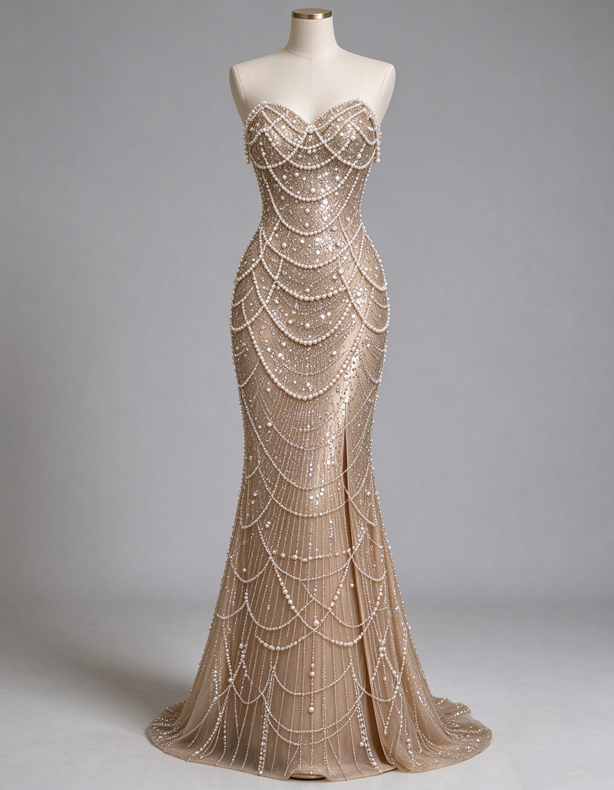 Champagne Strapless Pearl & Beaded Mesh Maxi Dress