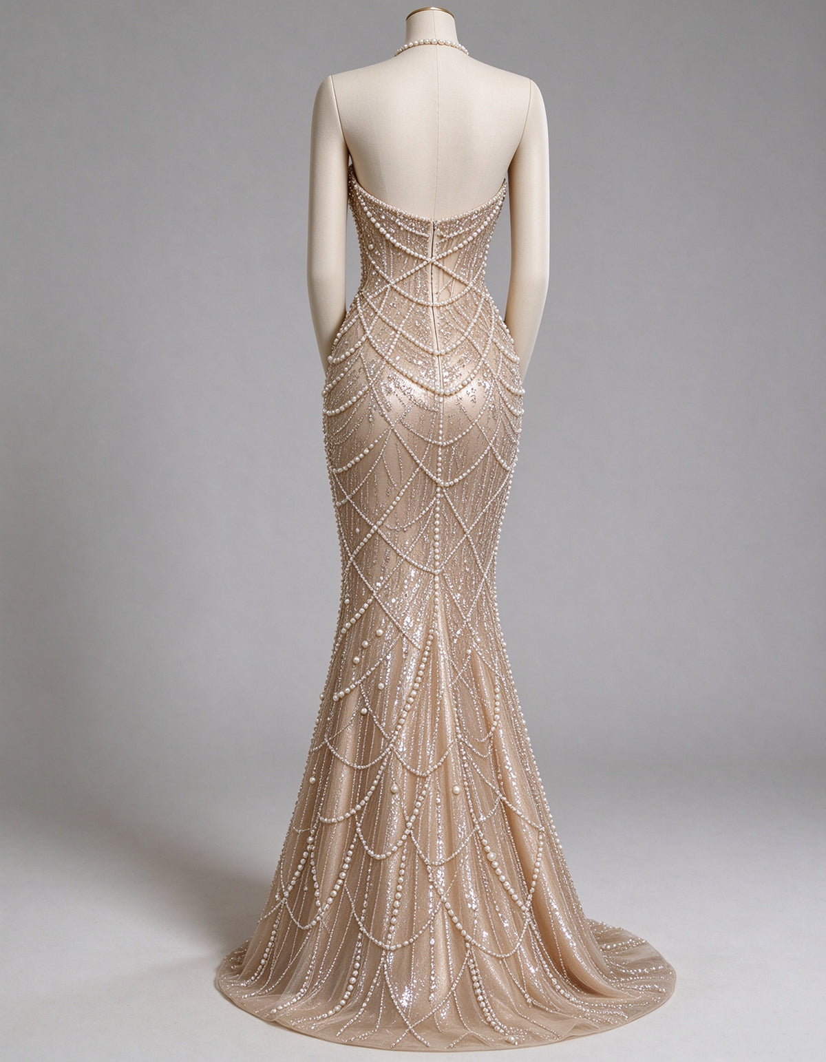 Champagne Strapless Pearl & Beaded Mesh Maxi Dress