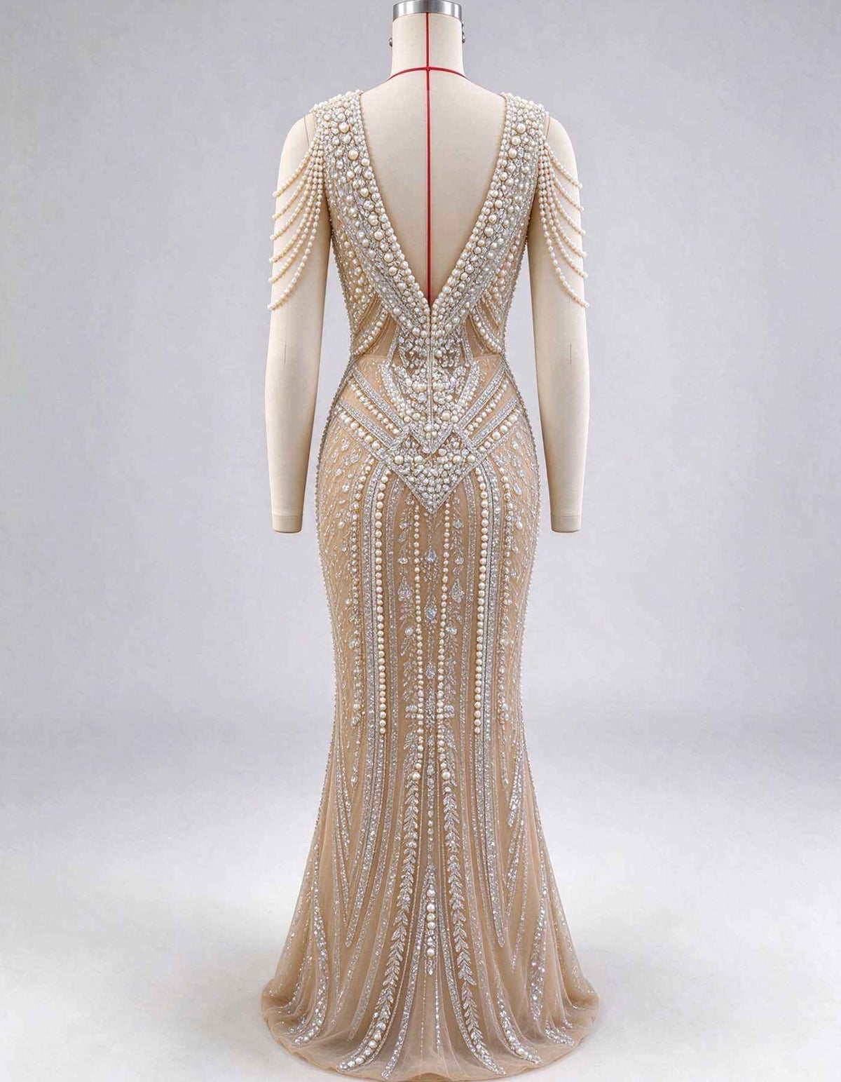 Nude Deep V Pearl Fringe Rhinestone Beaded Evening Gown