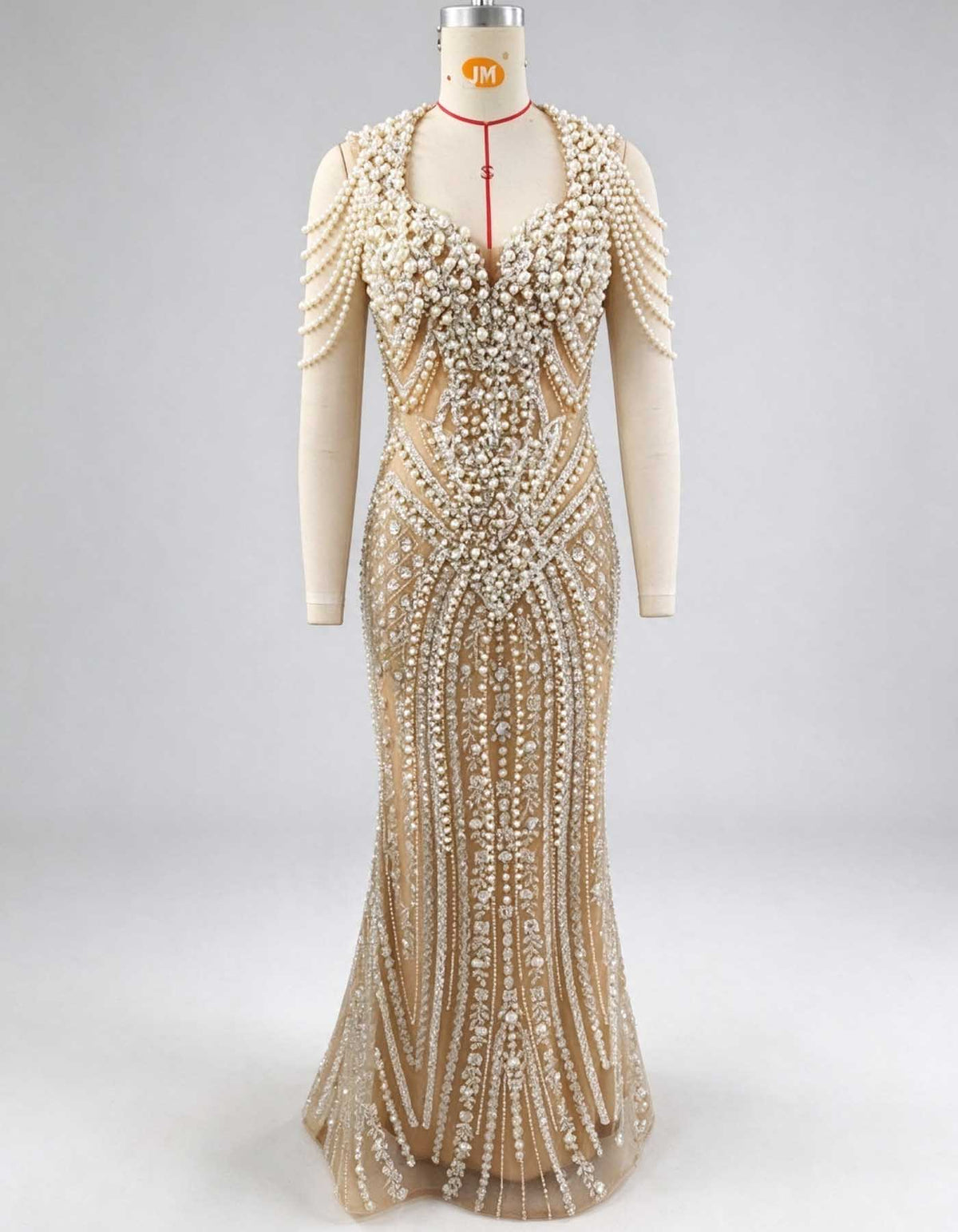 Nude Deep V Pearl Fringe Rhinestone Beaded Evening Gown