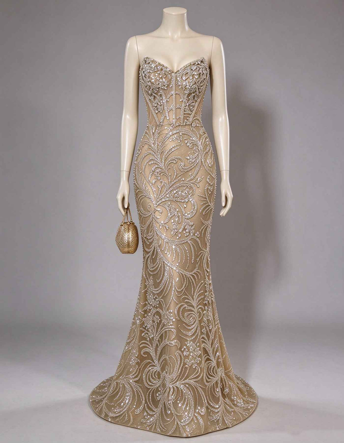 Champagne Strapless Sweetheart Beaded Sequin Mesh Maxi Dress